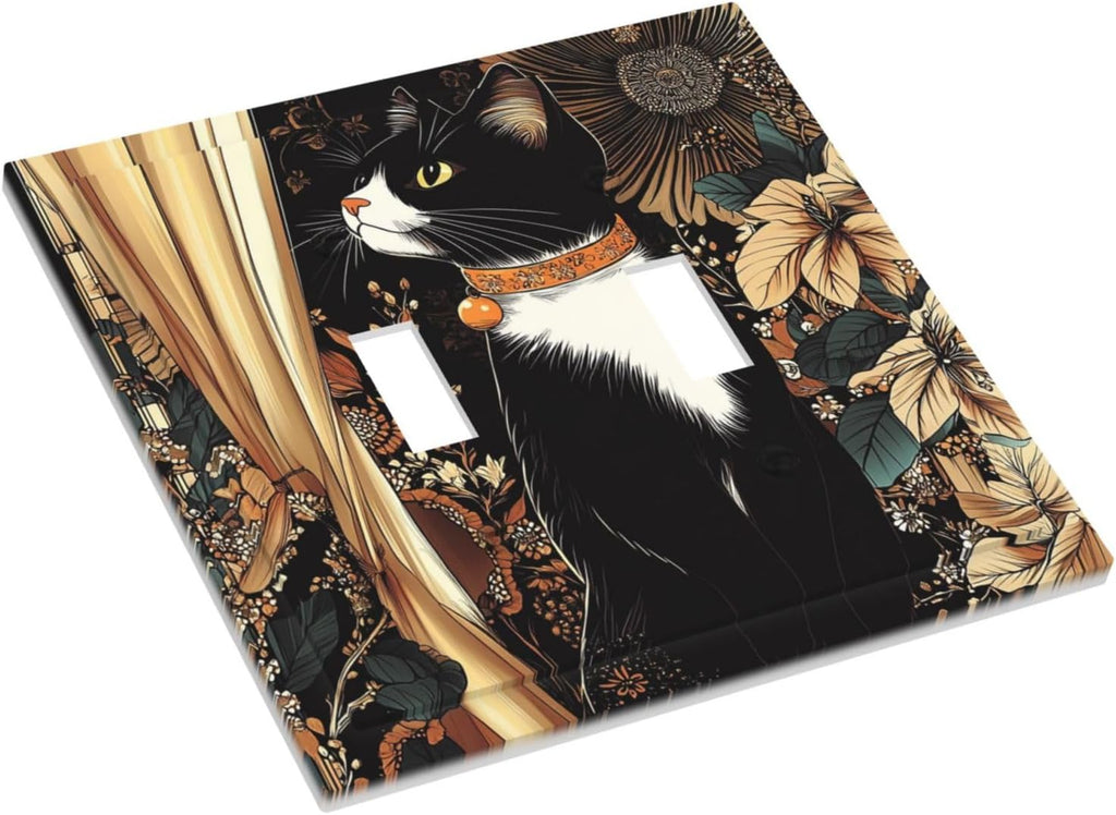 Decorative Switch Plates Boho Mandala Floral Black Cat Vintage Flower 2 Gang Double Toggle Outlet Light Switch Cover Wall Plate Electrical Faceplate For Farmhouse Home Decor