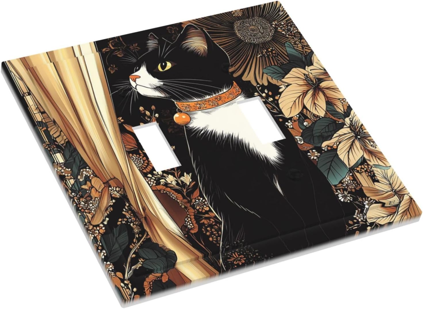 Decorative Switch Plates Boho Mandala Floral Black Cat Vintage Flower 2 Gang Double Toggle Outlet Light Switch Cover Wall Plate Electrical Faceplate For Farmhouse Home Decor