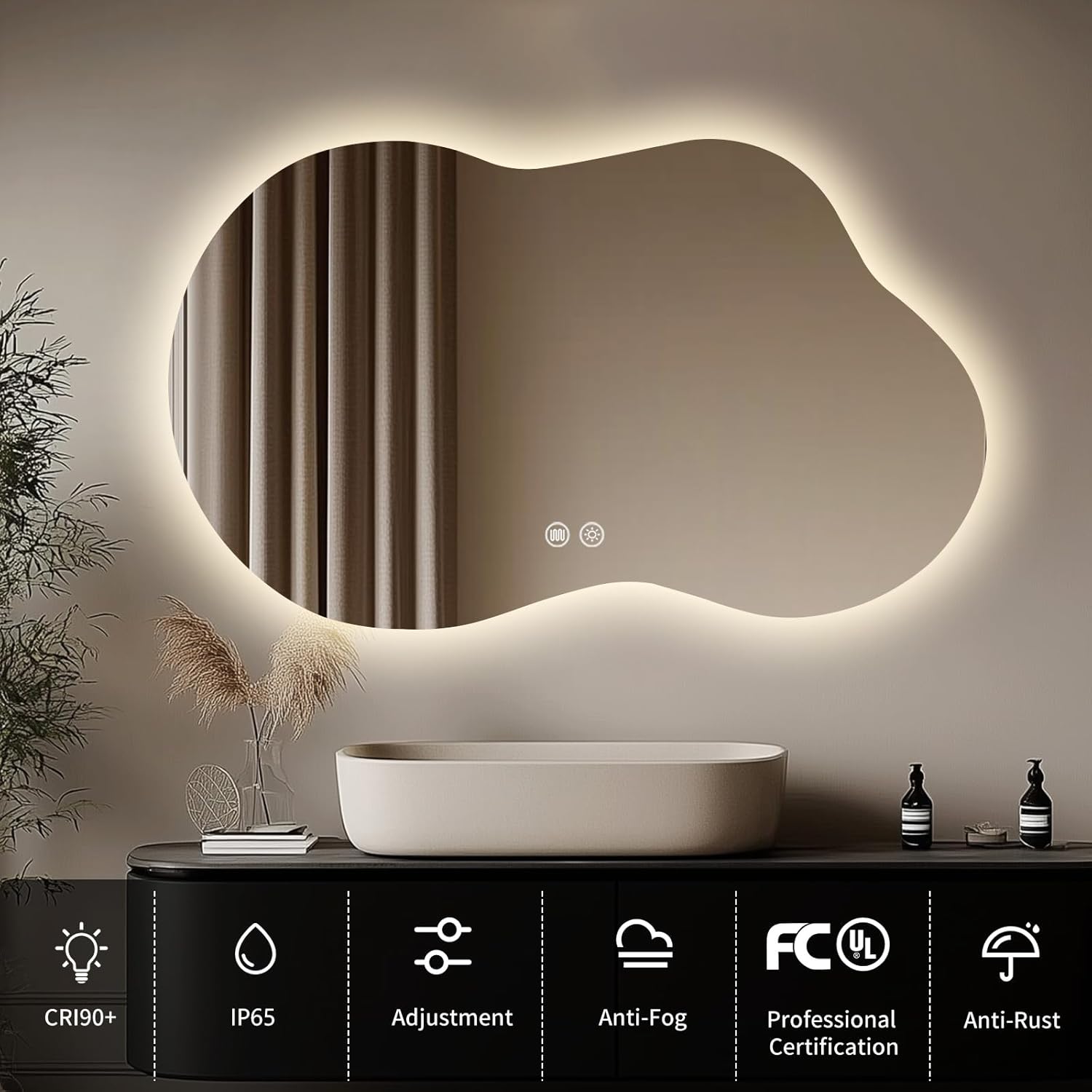 LED Bathroom Mirror with Lights 22x36, Stepless Dimmable Irregular Backlit Mirror with 3 Colors, Anti-Fog, Memory, Al-Alloy Lampshade, Frameless Smart Mirror for Bathroom (Horizontal/Vertical)