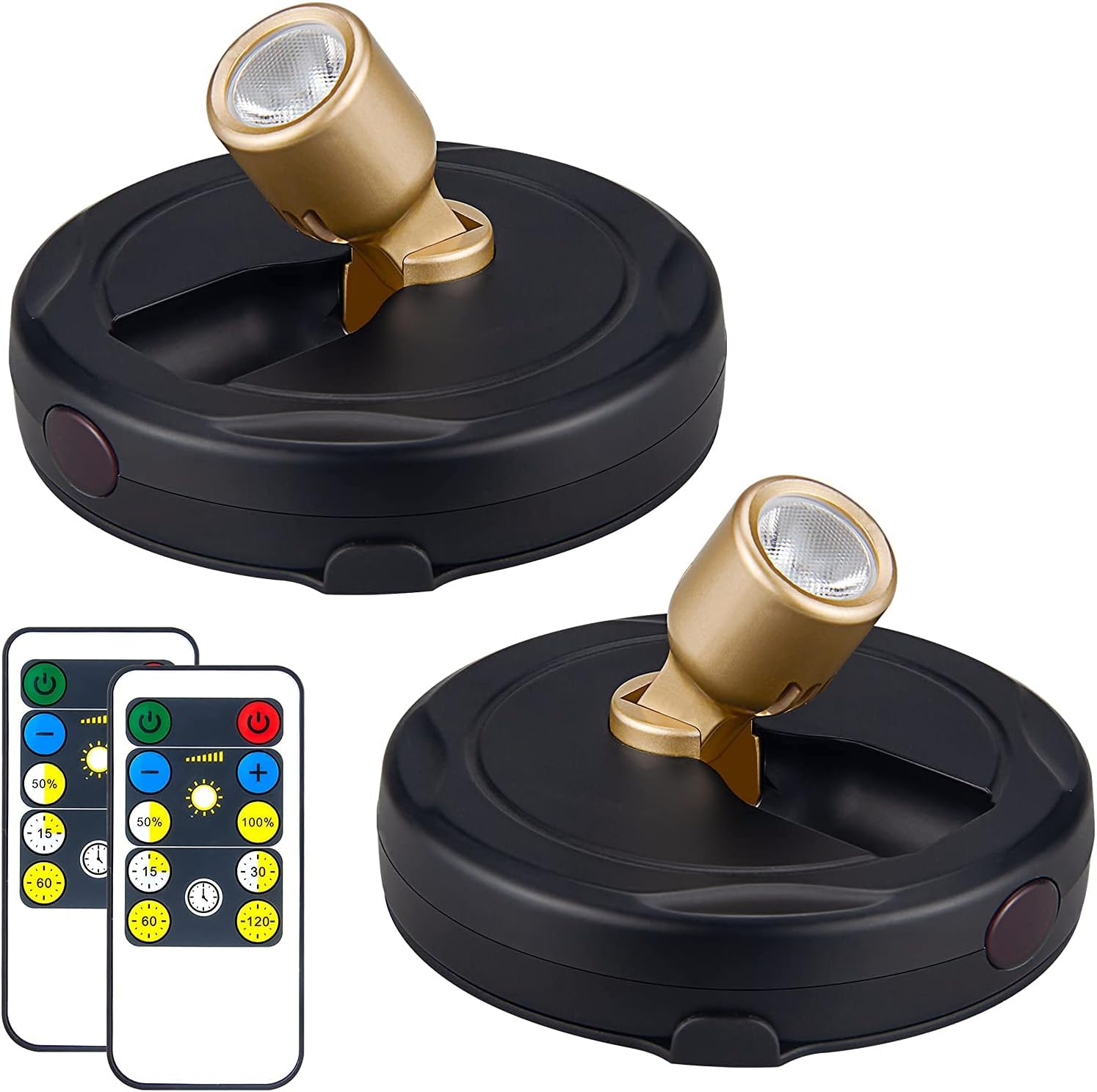 Wireless LED Spotlight, Battery Powered Picture Lights, Uplighting Indoor, Puck Lights with Remote, Stick Spot Light for Wall Art Display Dartboard Painting Artwork Accent Closet-Gold
