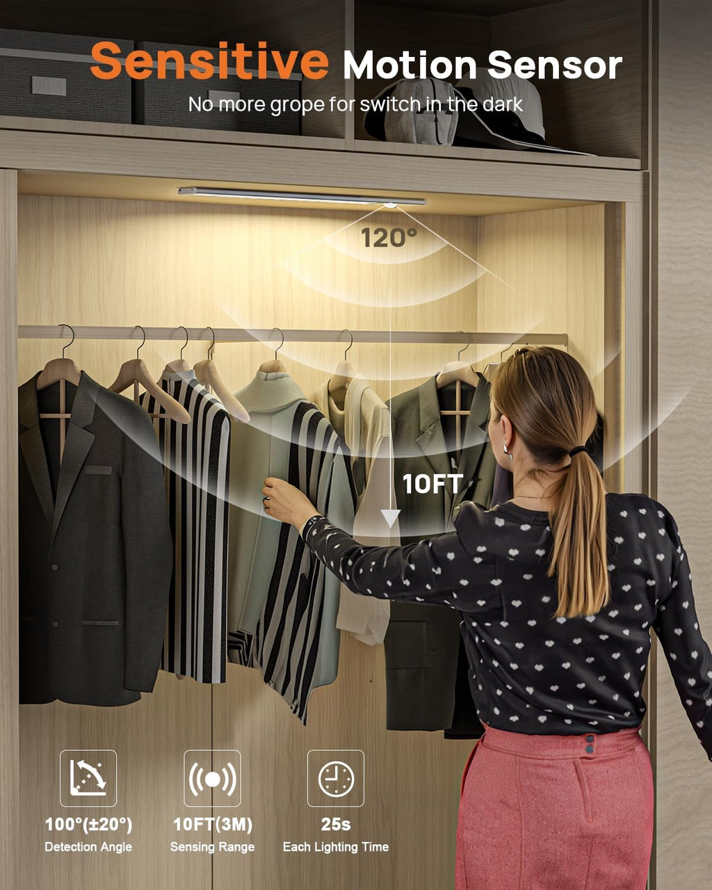 Under Cabinet Lighting Wireless,16 inch LED Motion Sensor Light Indoor, USB Rechargeable Closet Lights with Remote Control, 3 Color Temps Under Counter Lights for Kitchen, Wardrobe, Stairs, 4 Pack