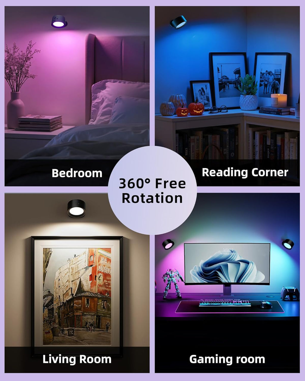 Wall Mounted Lights, 3 Pack Rechargeable RGB Color Changing Light, 3 Color Temps & Remote and Touch, 360°Rotation Dimmable Cordless for Study Bedroom Reading Bedside (Black)