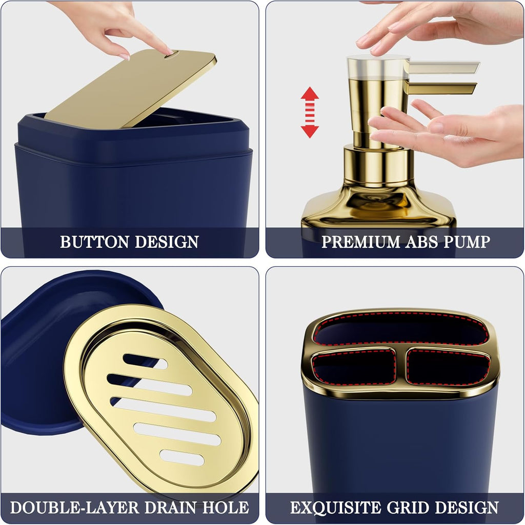 Bathroom Set - Bathroom Sets with Shower Curtain and Rugs, Bathroom Accessory Set, Navy Blue Bathroom Accessories Set with Trash Can, Toilet Brush and Soap Dispensers