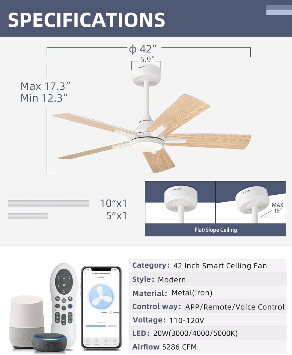 YOUKAIN Ceiling Fans with Lights, 42 Inch White Ceiling Fan, Smart Ceiling Fan Remote & APP Control, Reversible Blades, Modern Outdoor Ceiling Fans for Living Room, Bedroom, 42-YJ812-WH