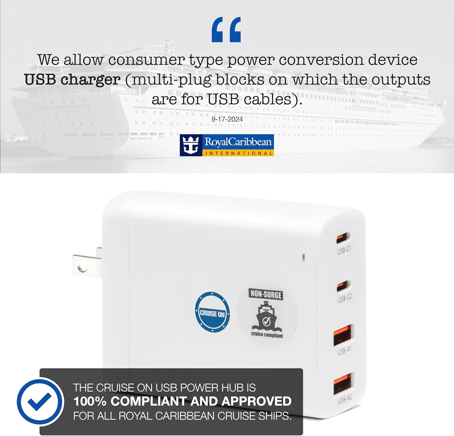Cruise Approved Power Strip (Royal Caribbean, Disney & More) - Non Surge Charger [2 USB, 2 USB-C] 4-Port Charging Block w/Foldable Plug for iPhone, iPad, Laptops & More - Cruise Ship Essentials 2025