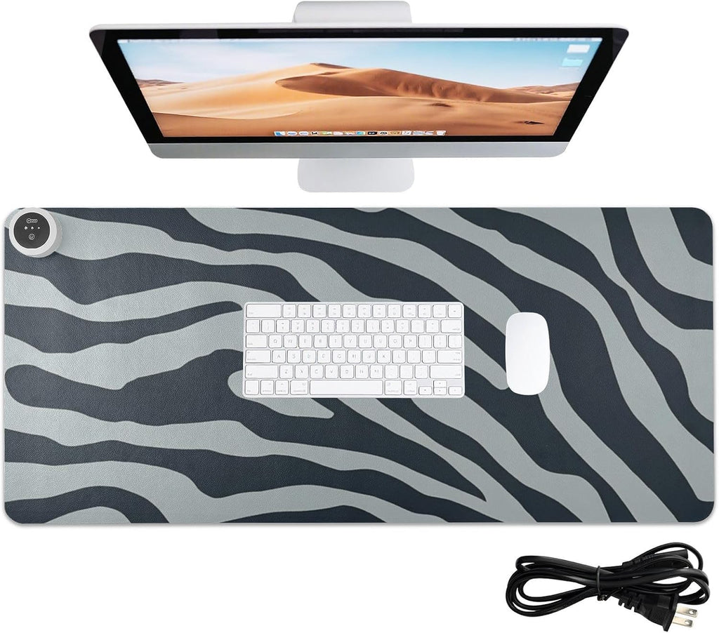 Heated Desk Pad Mouse Pad 31.5x13 Inch PU Leather Desk Mat with 3 Heat Levels Large Mouse Gaming Computer Laptop Mat Grey Zebra Print