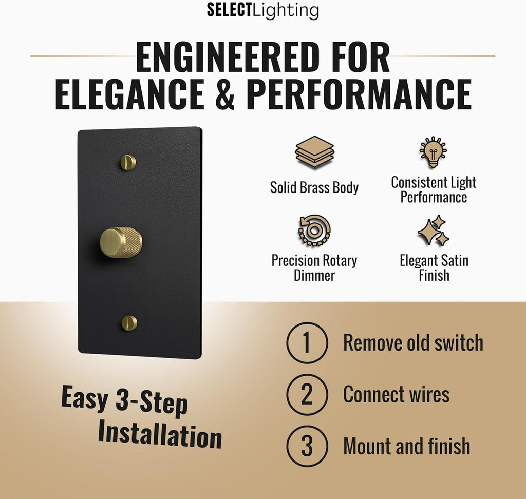 SELECT Black Brass Dimmer Light Switch, 1 Way Rotary Dimmer, 1 Gang TRIAC/Leading Edge Dimmable LED Light Switch, 15A 120V AC with Brass Knob, Faceplate & Dimming Module, UL Listed