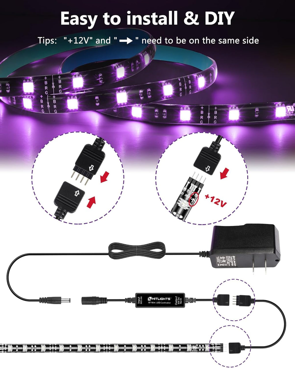 HitLights LED Strip Lights, 4 Pre-Cut Waterproof RGB Small LED Light Strip Kit Dimmable Color Changing SMD 5050 LED Tape Light with RF Remote, UL-Listed Power Supply and Connectors for TV Bedroom Home