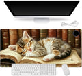 Heated Mouse Pad for Desk 31.5" x 13" – PU Leather Warm Desk Pad with 3 Heat Levels (104°F/113°F/122°F), Plug-in Electric Heating Mat with Auto Shut-Off, Waterproof & Rollable, Kitten on Book