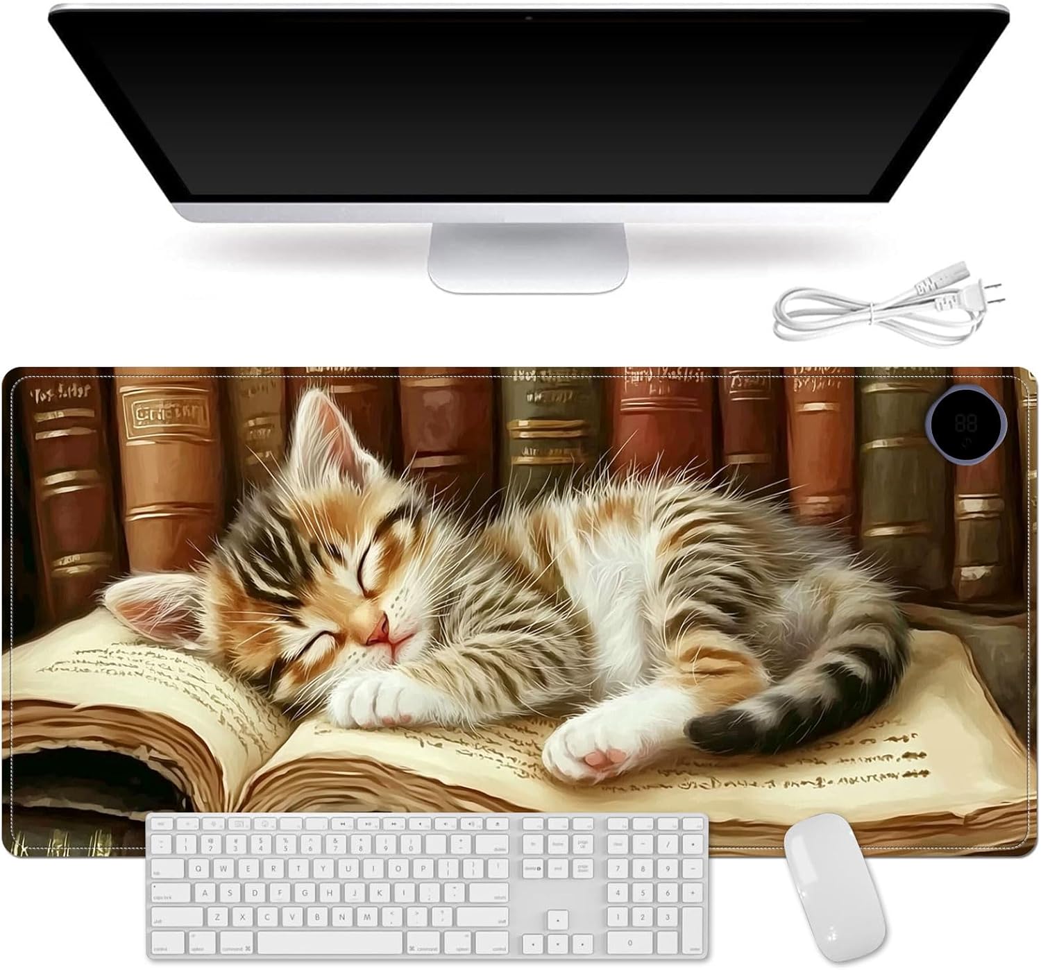 Heated Mouse Pad for Desk 31.5" x 13" – PU Leather Warm Desk Pad with 3 Heat Levels (104°F/113°F/122°F), Plug-in Electric Heating Mat with Auto Shut-Off, Waterproof & Rollable, Kitten on Book
