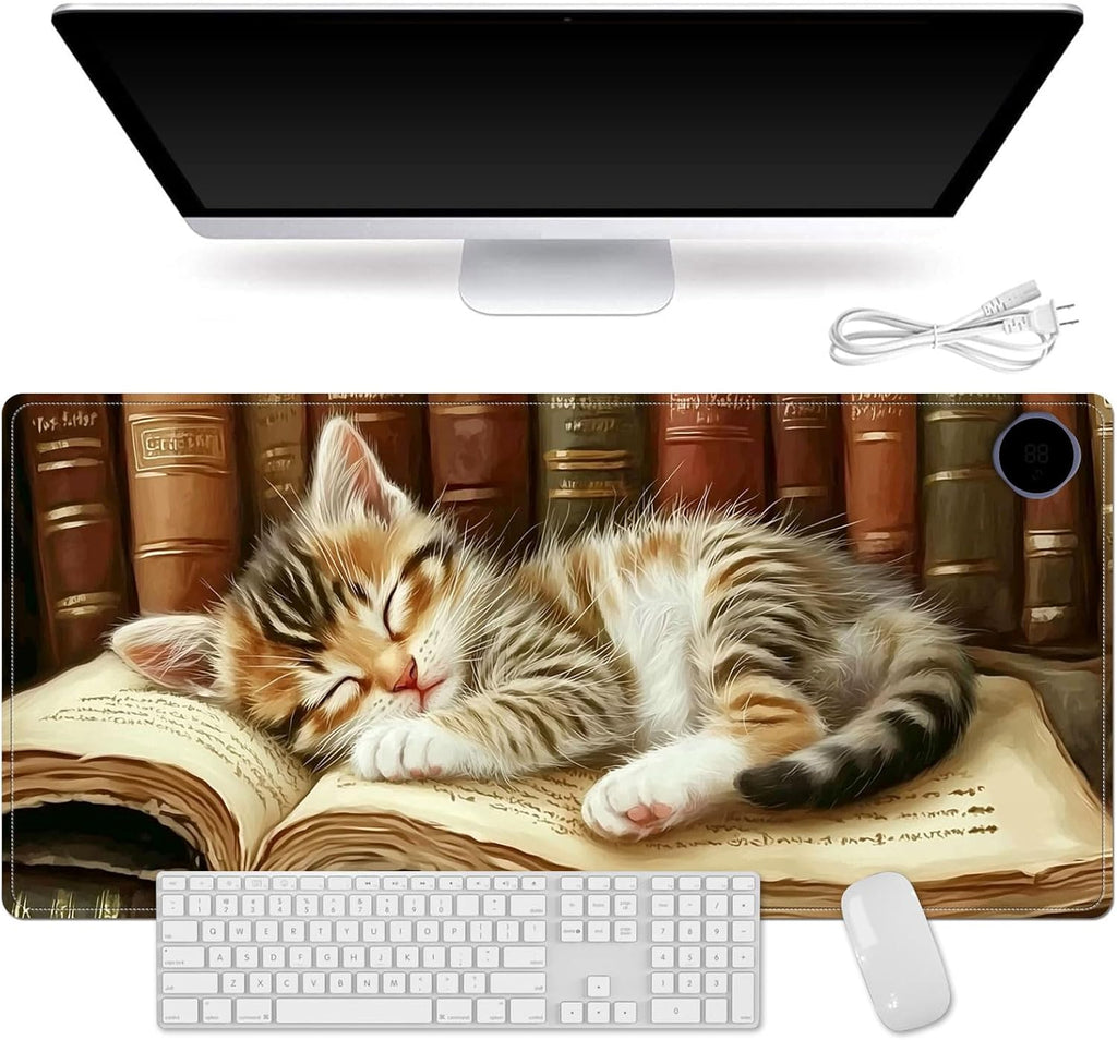 Small Heated Desk Pad 23.6" x 14.2" – Compact Electric Mouse Pad with 3 Heating Levels, Auto Shut-Off, Waterproof PU Surface, Plug-in Warmer for Office or Home Use, Kitten on Book