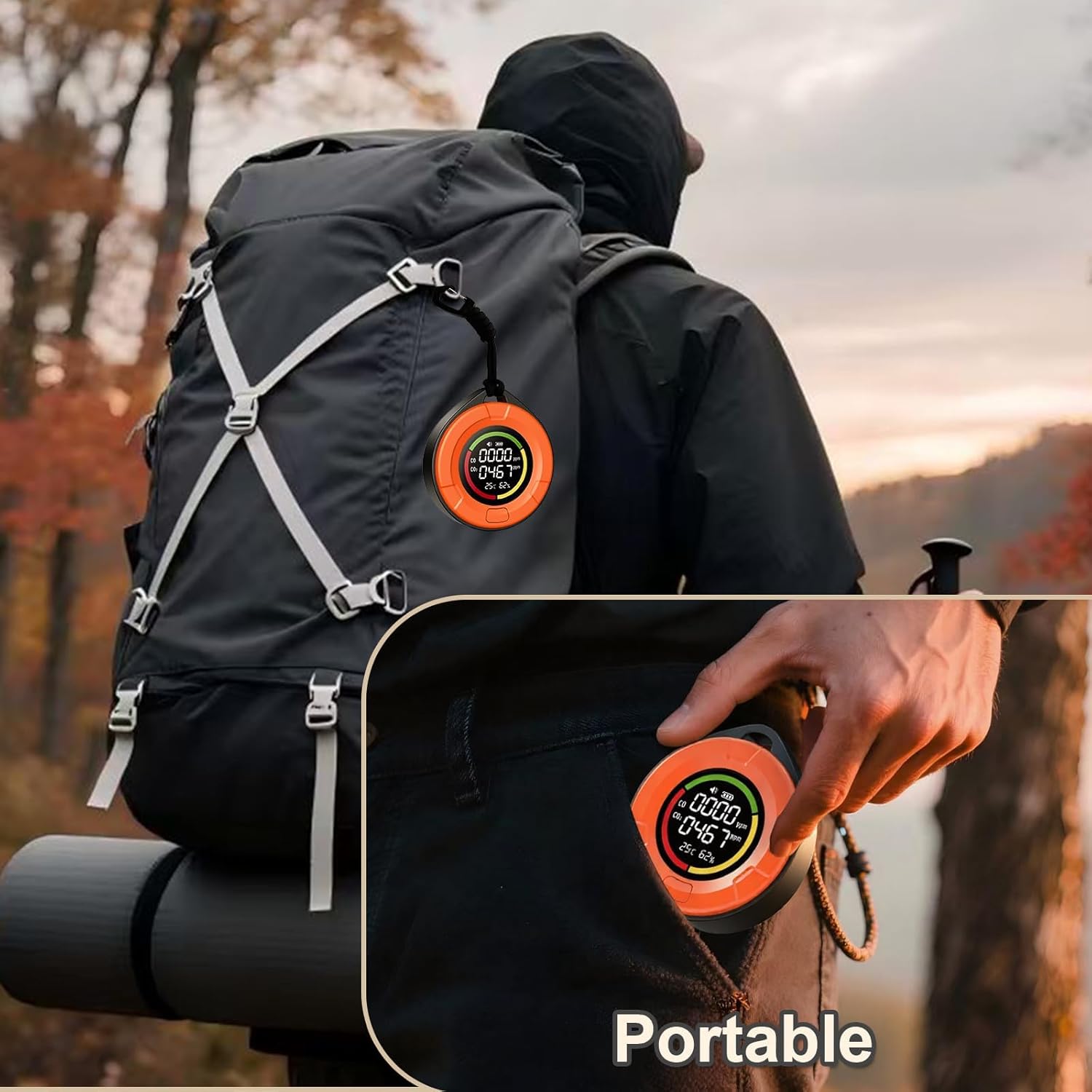 Portable Carbon Monoxide Detector for Travel：4-in-1 CO2 Monitor for Home - 1000mAh Battery Mini CO Carbon Dioxide Alarm with Temperature(°F) & Humidity for RV Hotel Camping- Orange