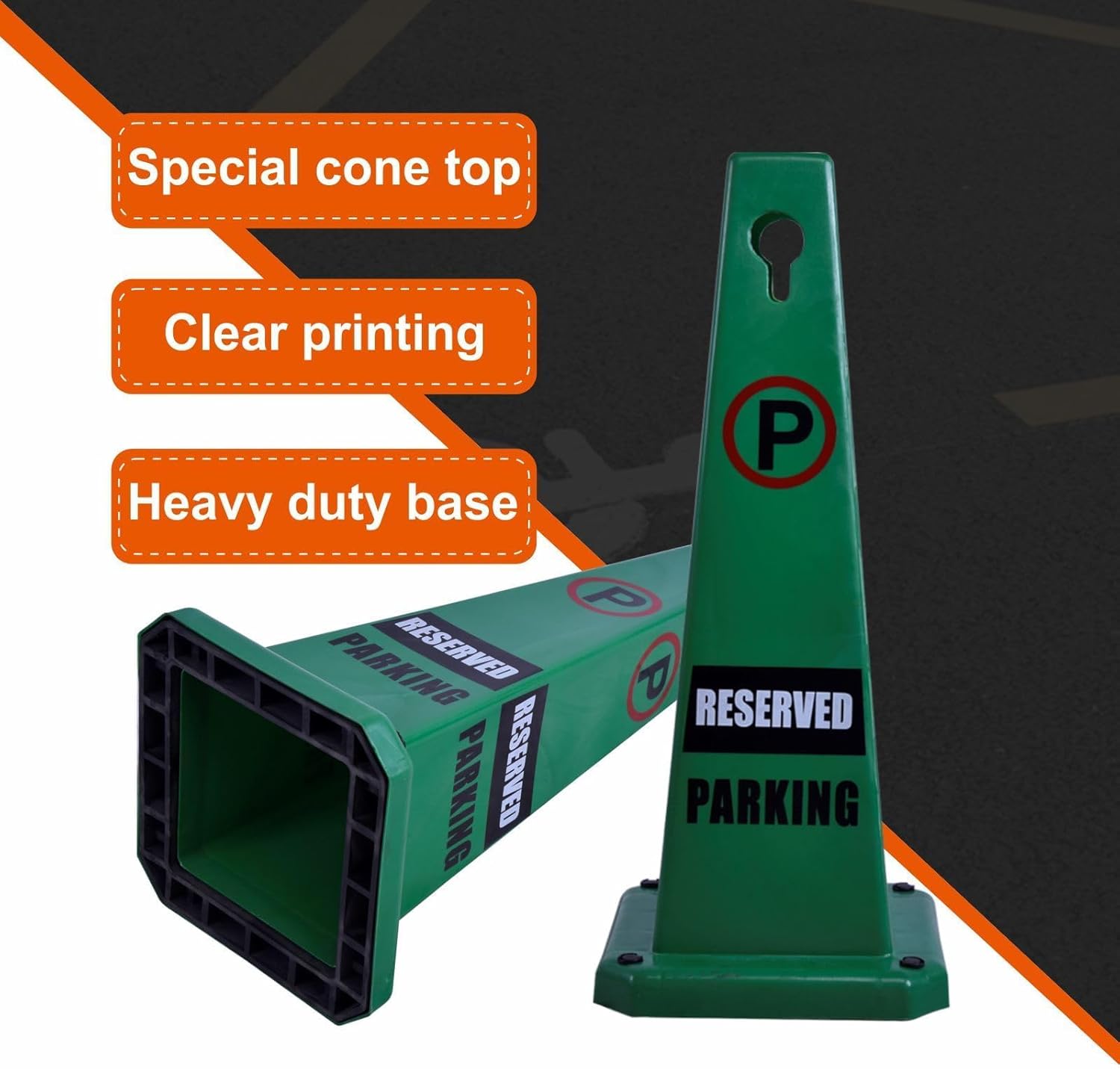 26.5" Caution Cones, 4-Sided Visible Safety Signs with Heavy Rubber Base, Warning for Slip & Fall Prevention, Indoor/Outdoor Use (4, Reserved Parking-Green, 26.5 inch)