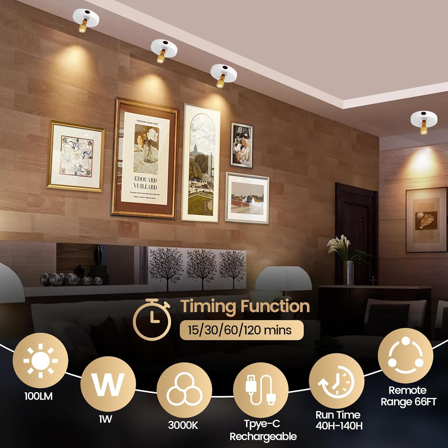 LED Spotlight, Rechargeable Battery Picture Lights, Uplighting Indoor with Remote, Stick Spot Lights for Wall Display Dartboard Painting Artwork Accent-2pcs