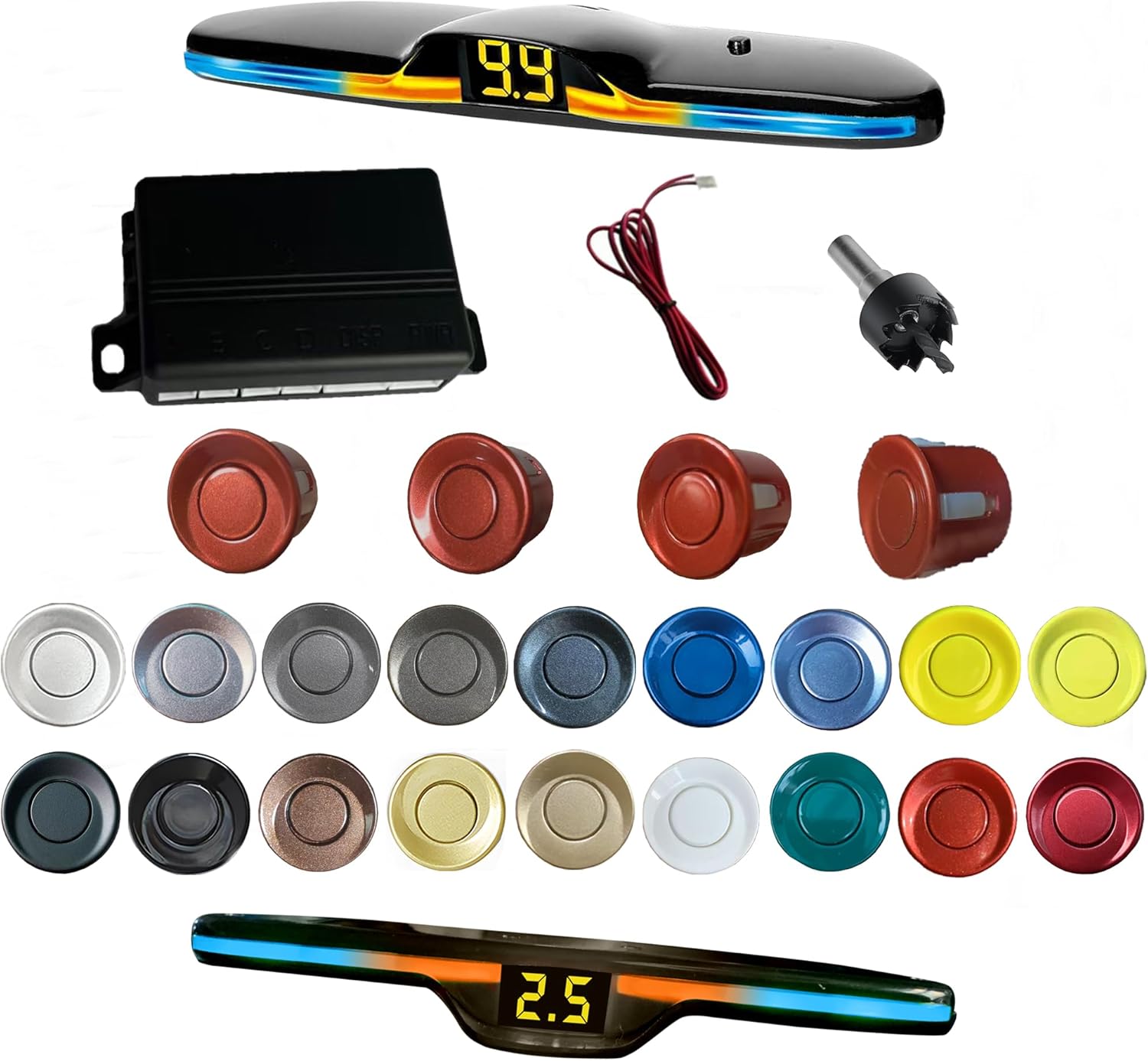 New Feature Rear Parking Sensor with Selectable Distance in Feet, Bidirectional Display Options, and Customizable Numeric Orientation and There are 18 Color Probes to Choose from(Red)