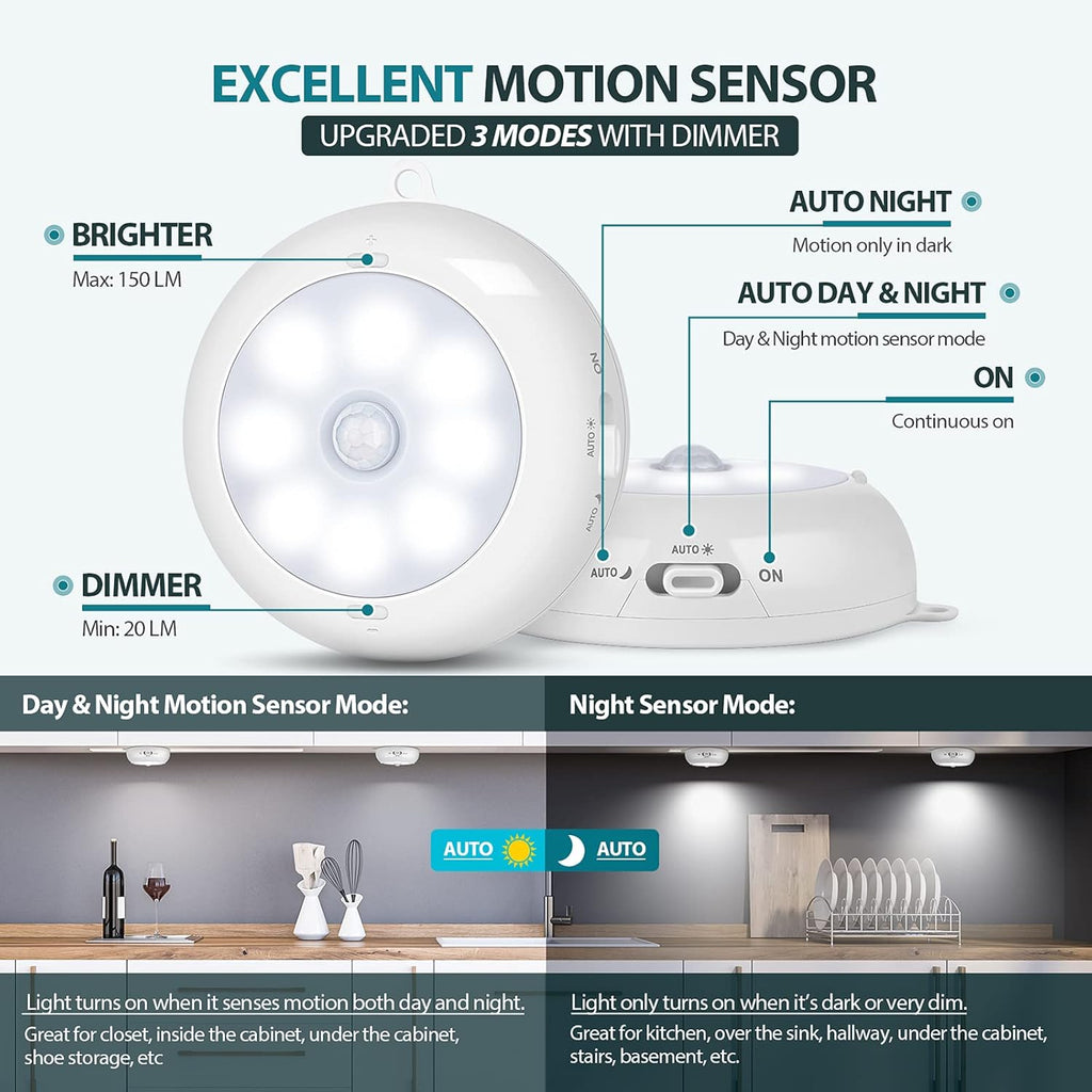 Motion Sensor Light Indoor, Under Cabinet Light, Ceiling Lights, AA Battery Operated Stick on Wireless Puck Lights for Wall, Step, Stair, Dimmable (6 Packs)