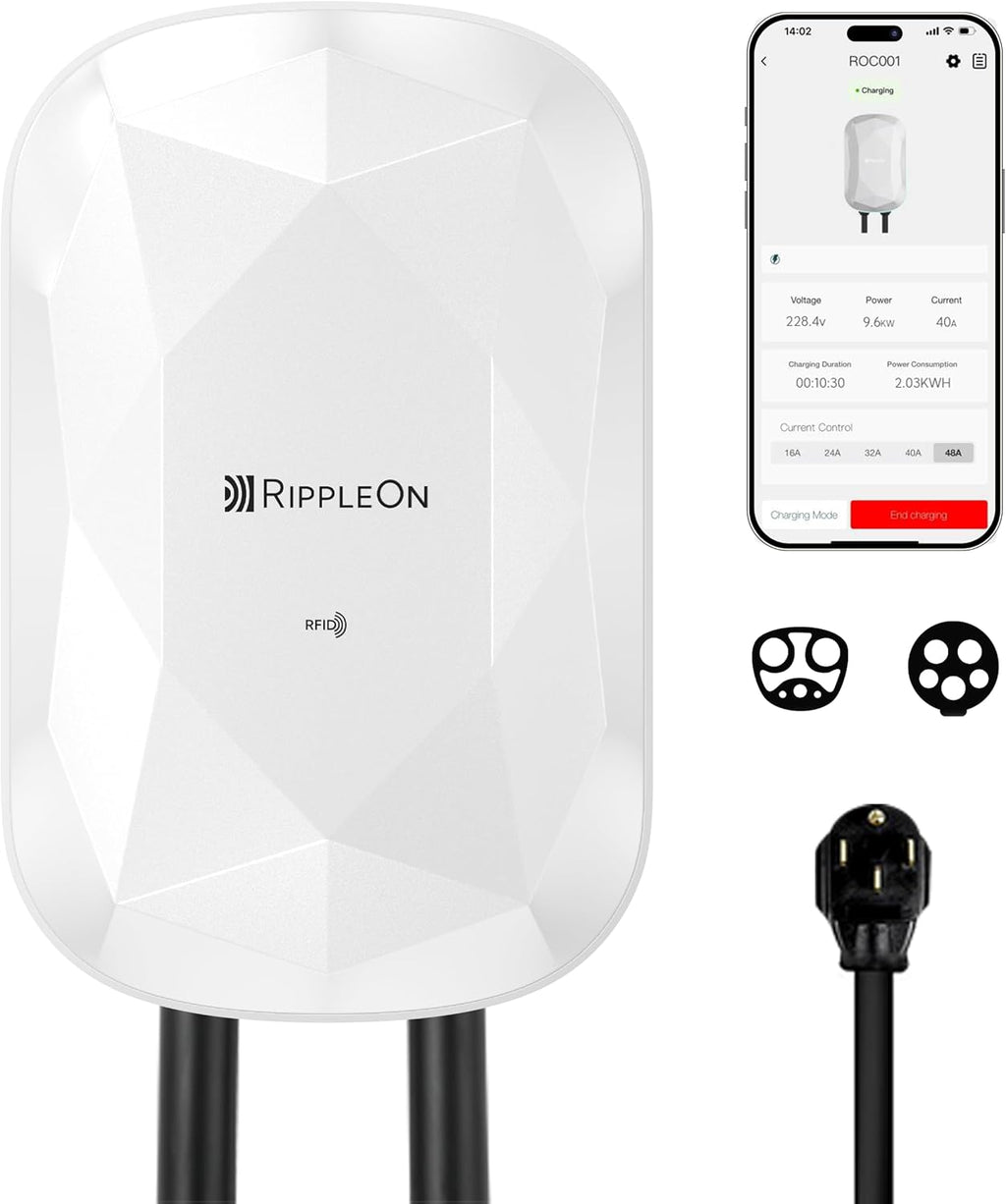 RIPPLEON Level 2 EV Charger J1772 9.6Kw - NEMA 14-50 Plug EV Charger Level 2 w/Tesla Adapter, 40 Amp Smart App 25Ft Cable 240V NACS Charge Station, UL, ETL, FCC, Energy Star Certified White