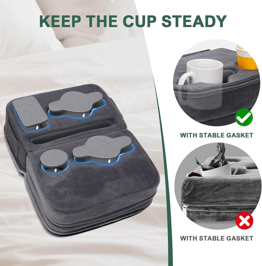 2IN1 Couch Cup Holder Pillow - Sofa Cup Holder Pillow with 7 Holes and Side Pocket | Couch Caddy for Cups, Headphones, Snacks and Phones | Use it on Car, Pack, Beach, RV - Gray