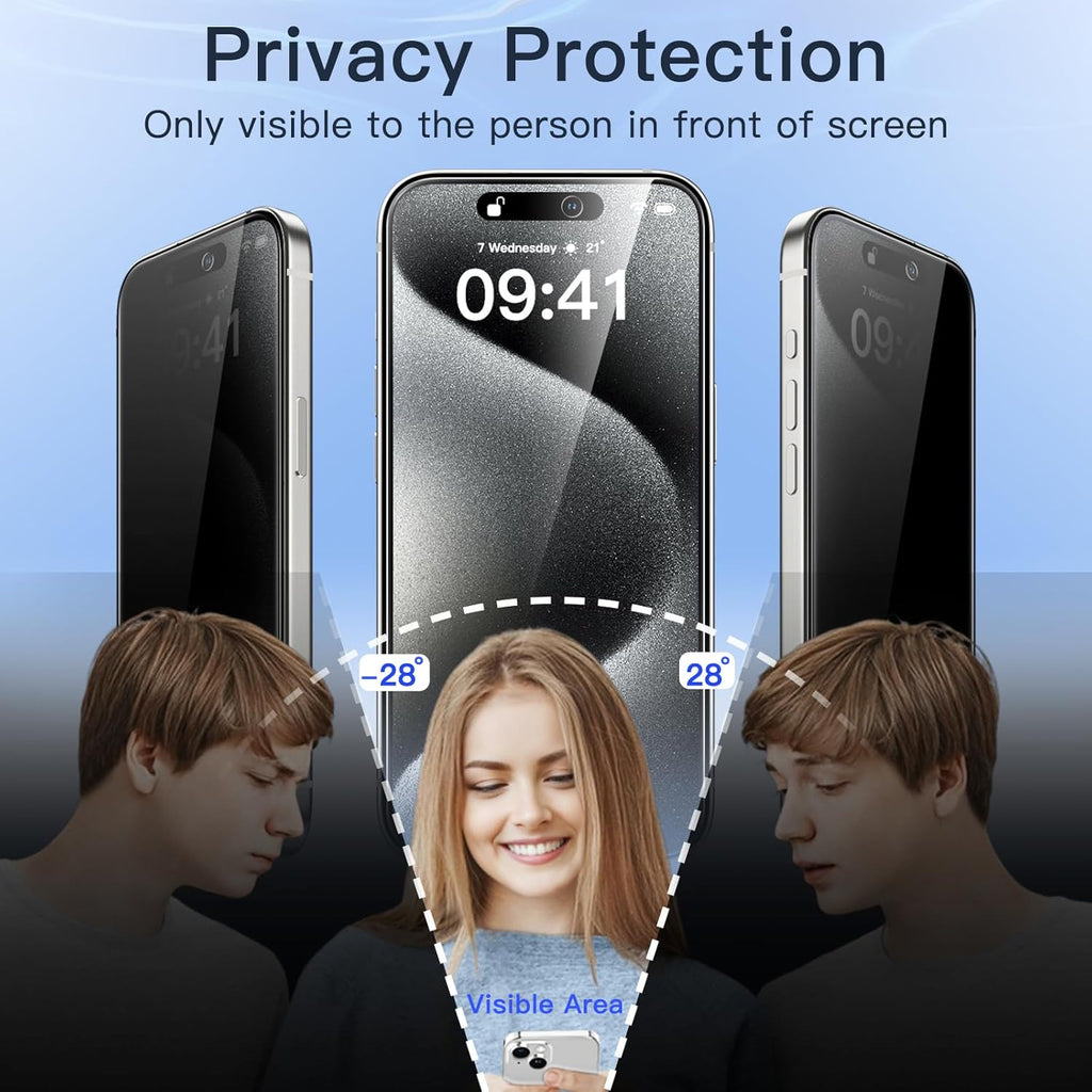 JETech Privacy Screen Protector for iPhone 15 Pro 6.1-Inch with Camera Lens Protector, Anti-Spy Tempered Glass Film, Easy Installation Tool, 2-Pack Each