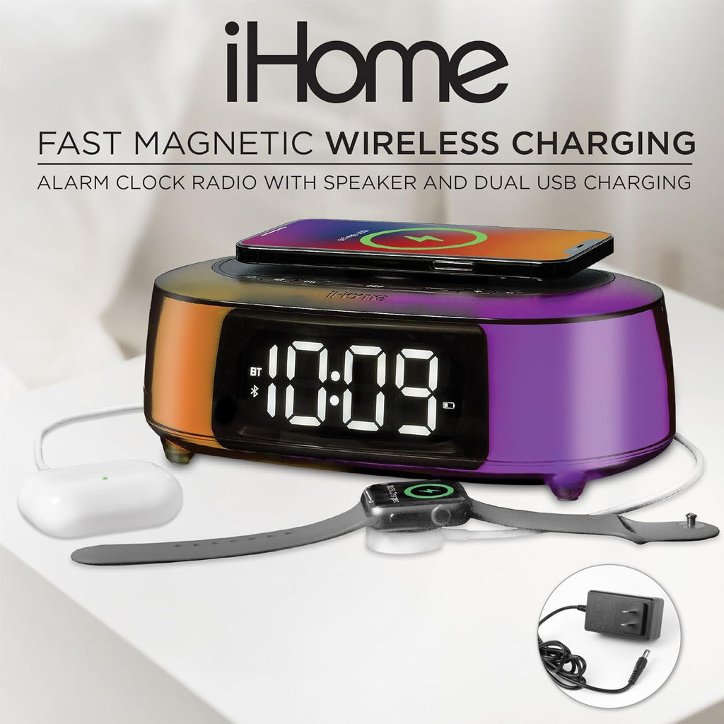 iHome Alarm Clock Radio with Qi2 Magnetic Wireless Charger, Bluetooth Speaker, and 2 USB Chargers (iBTW282)
