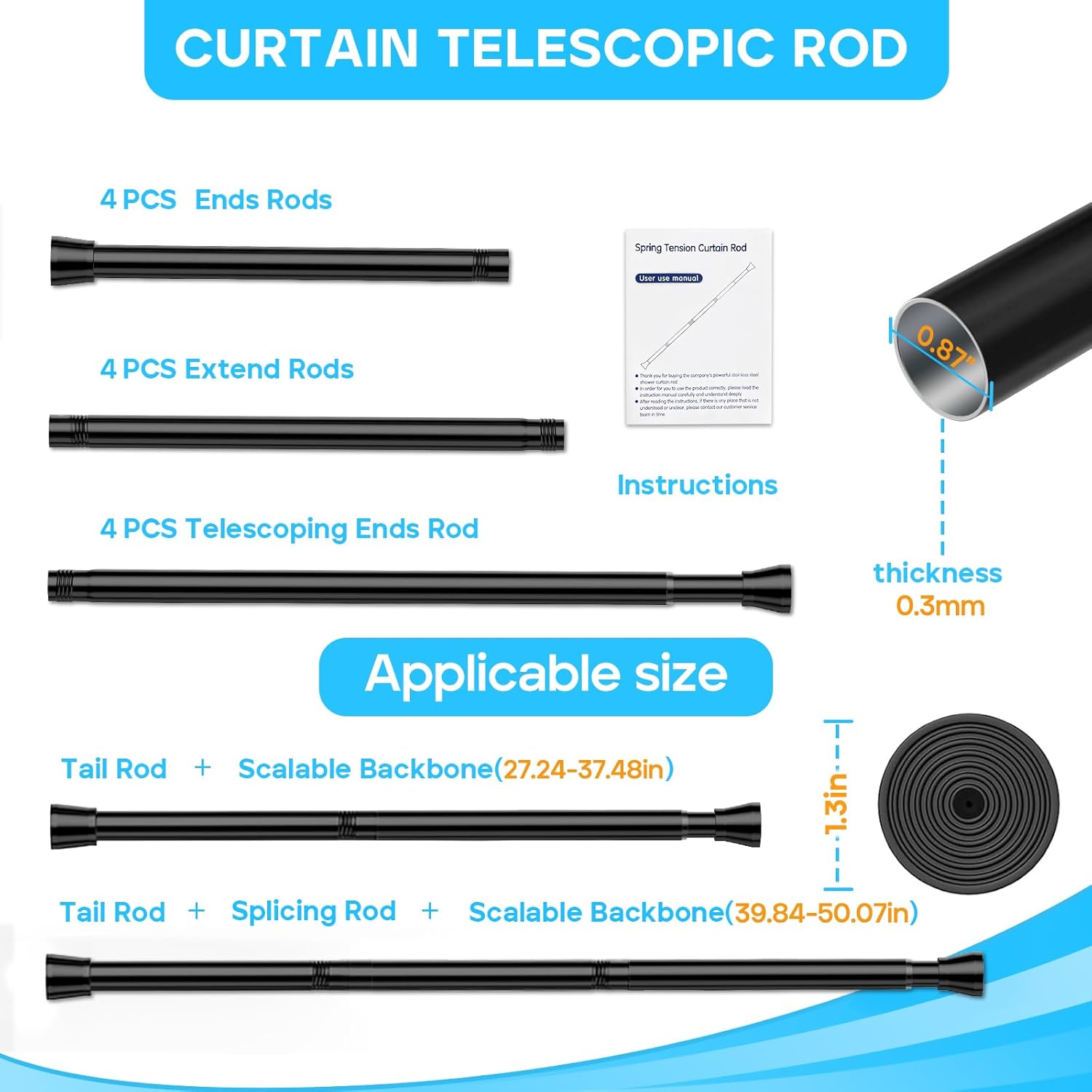 4 Pack Black Tension Rod 28 To 48 Inch Adjustable Spring Tension Curtain Rods No Drilling Short Curtain Rod Extendable Small Spring Tension Rod for Closet Cupboard Bars Refrigerator