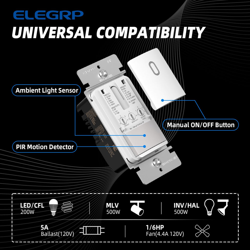 ELEGRP Matte White Single Pole Occupancy Motion Sensor Light Switch, Need Neutral Wire, 120° Sensor Coverage PIR Infrared Motion Activated, for CFL/LED/MLV/INC/HAL/Fan, UL,2 Pack
