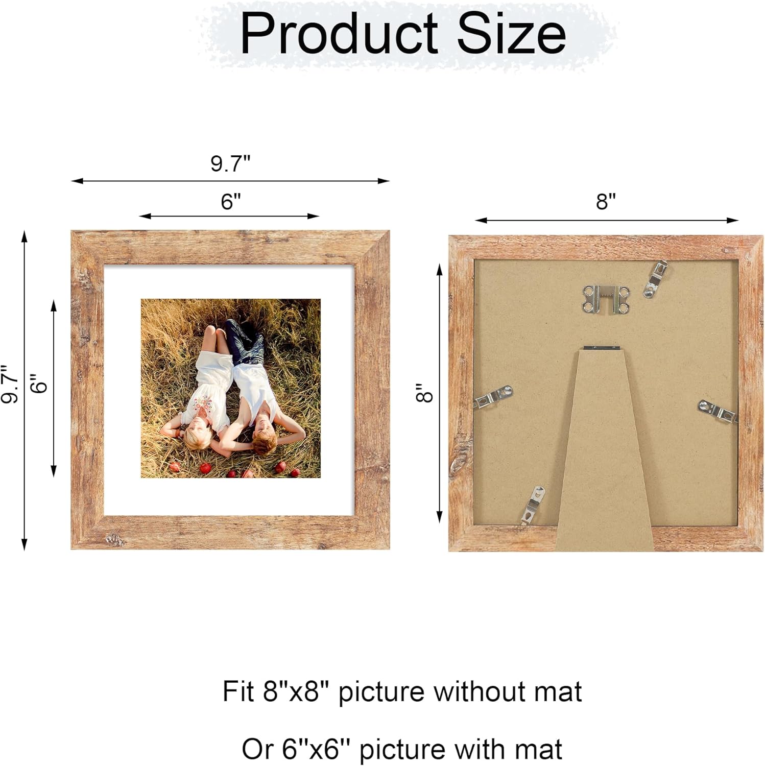 iRahmen 8x8 Picture Frame with HD Tempered Glass, Display Pictures 6x6 with Mat or 8 x 8 Without Mat, Wood Photo Frame for Tabletop and Wall (Rustic Brown, 1 Pack)
