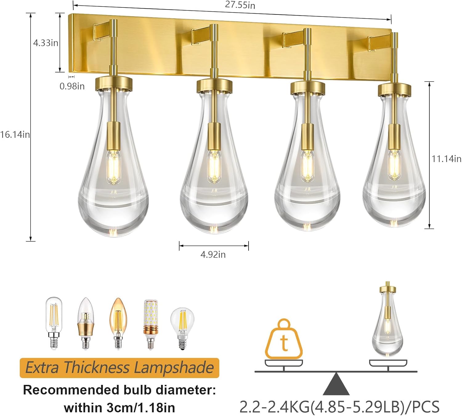 Raindrop Wall Sconces Gold Crystal Sconces Wall Decor Modern Lighting Glass Bathroom Sconces Indoor Vanity Light Wall Lamp for Bedroom Living Room Stair(4-Light)