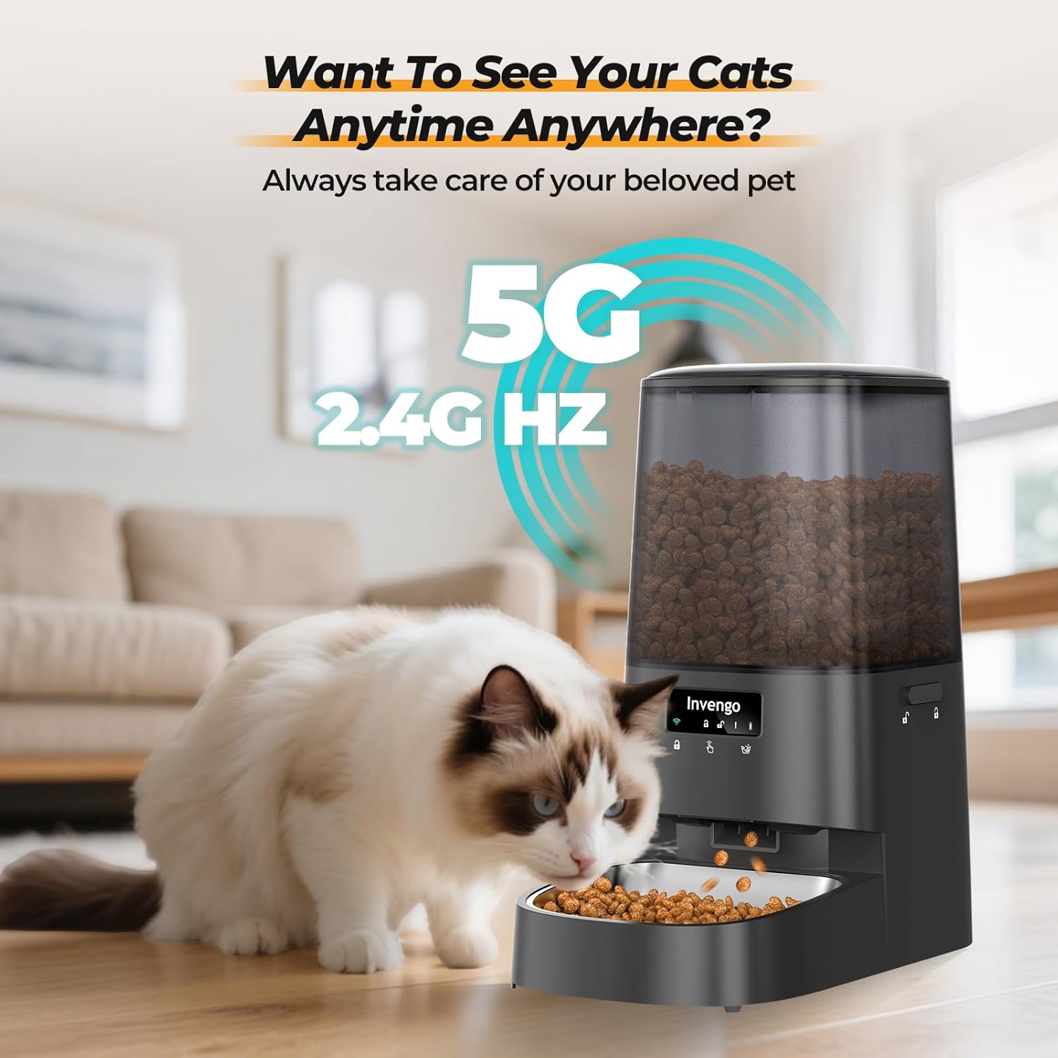 Automatic Cat Feeder with App Control, 5L Food Dispenser for Cats and Small Dogs, 2.4/5G Wi-Fi, Dual Power, Programmable Portions, Anti-Jam & Fresh-Lock, Stainless Steel Bowl, Easy to Clean