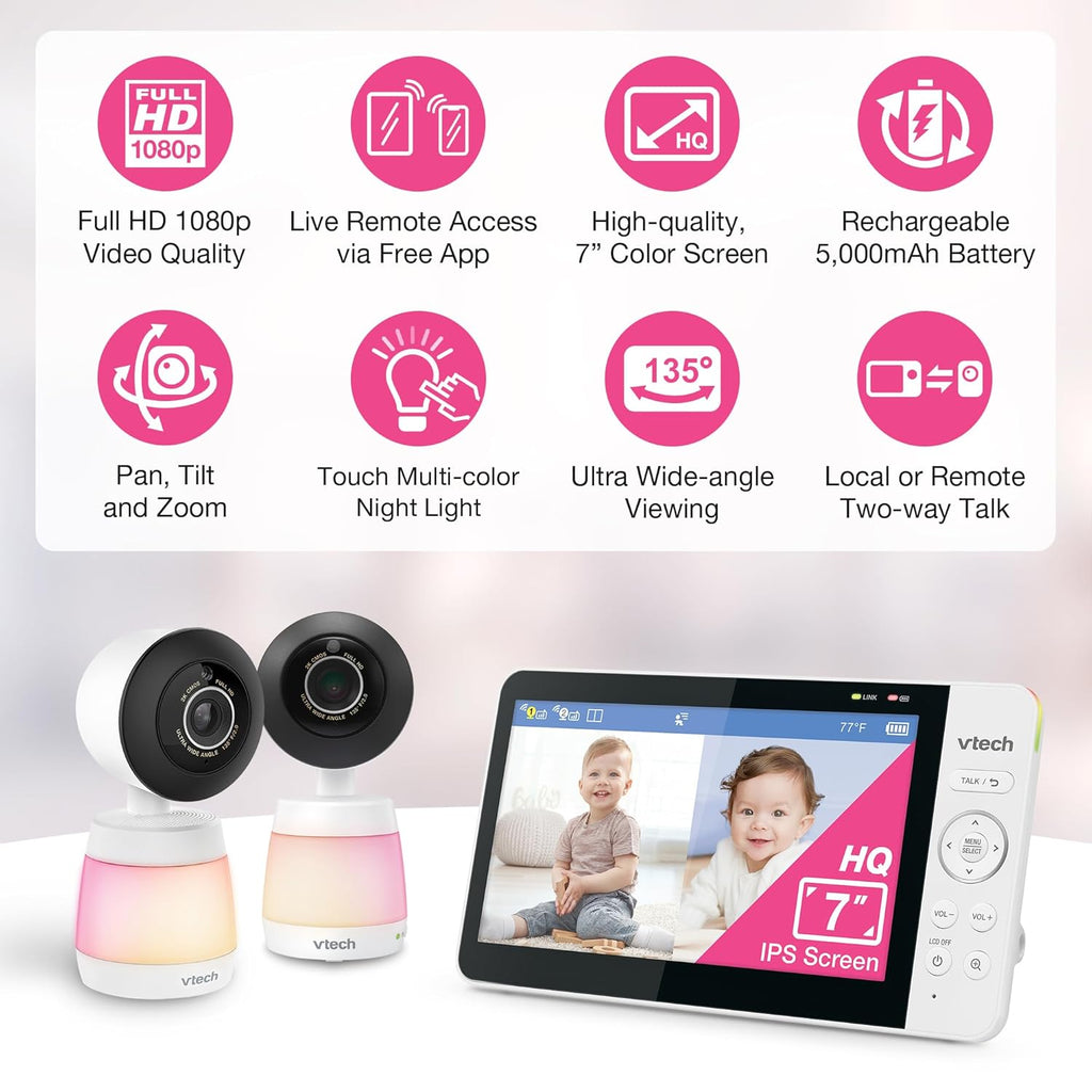 VTech 2-Cameras Smart WiFi Baby Monitor with 1080p FHD Video, Free App with Motion Video, Sound/Motion Detection and Notifications, 7" IPS Display with Split-Screen, Pan-Tilt-Zoom: Smart HQ Max Twin