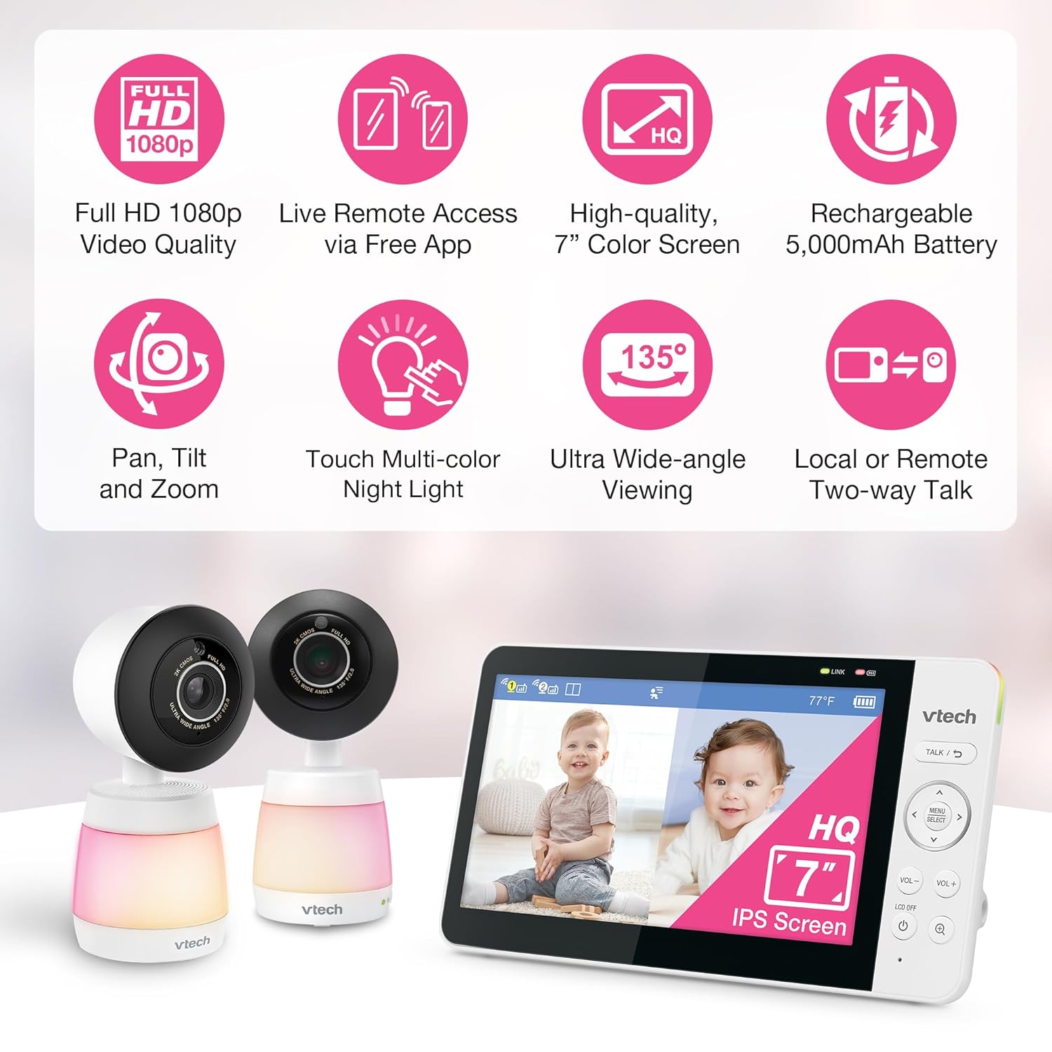 VTech 2-Cameras Smart WiFi Baby Monitor with 1080p FHD Video, Free App with Motion Video, Sound/Motion Detection and Notifications, 7" IPS Display with Split-Screen, Pan-Tilt-Zoom: Smart HQ Max Twin