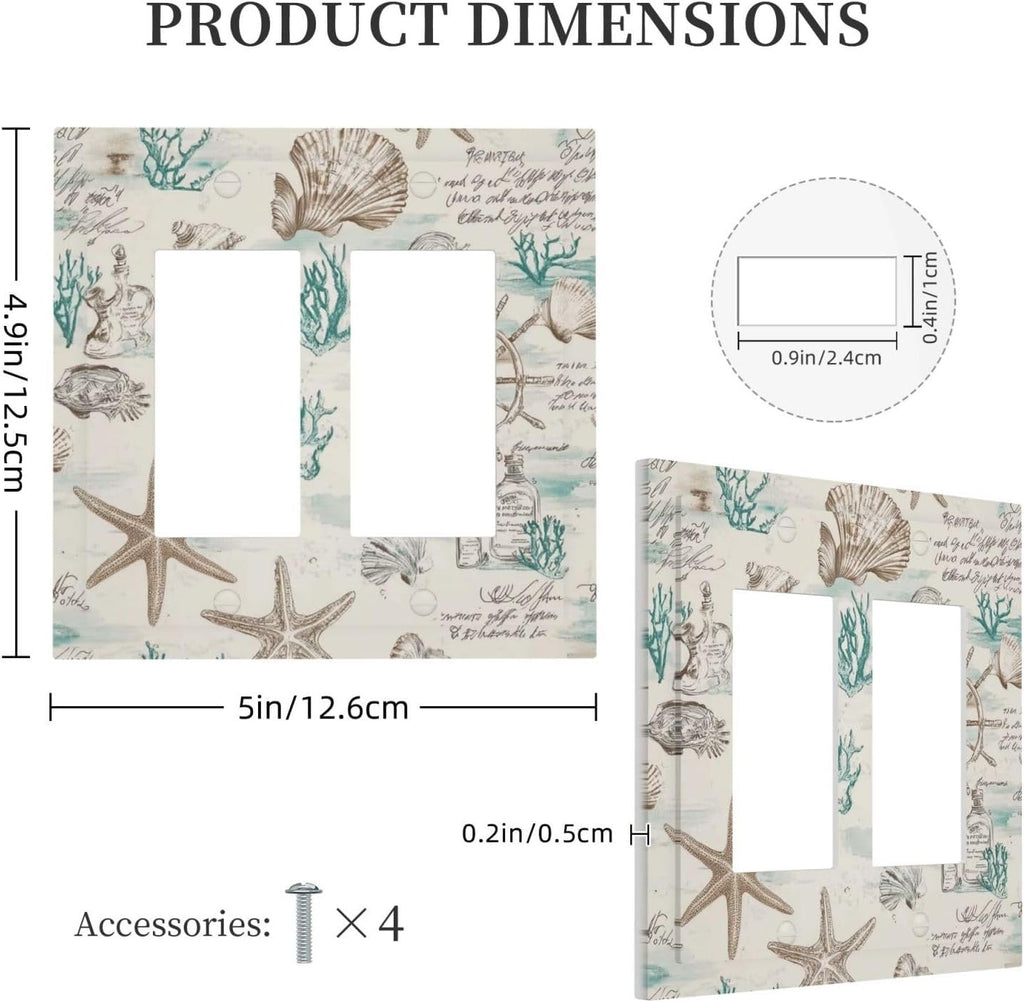 Mid Century Seashells Starfish Compass Decorative Outlet Covers 2 Gang Double Gfci Rocker Electrical Wall Panels Light Switch Cover Plate For Nursery Kids Room Decor