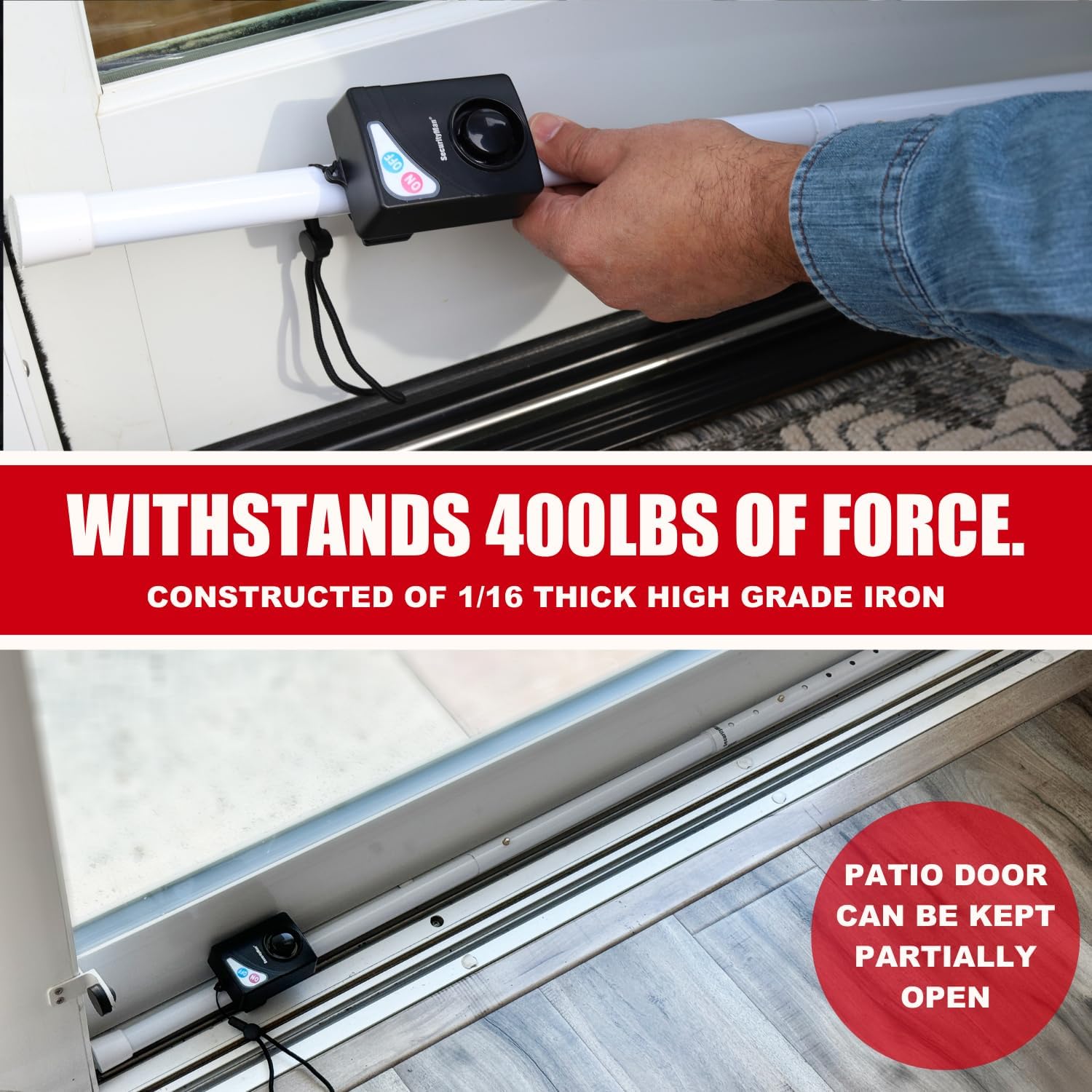 Securityman Door Security Bar with Alarm (Detachable) - 120dB Siren Door Stopper Alarm - Adjustable Jammer & Patio Bar - Strong, Withstands 400lbs - Home Protection