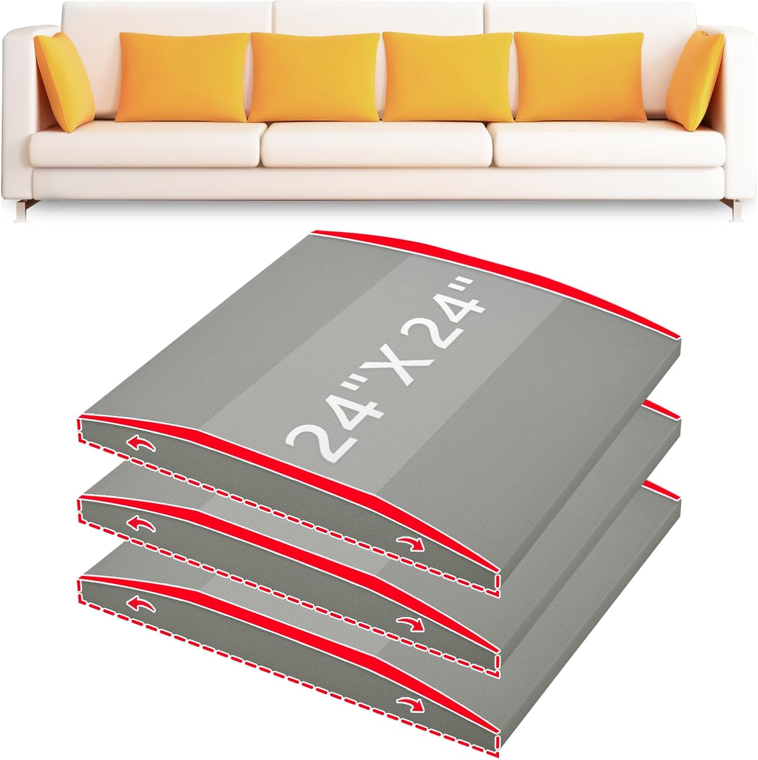 HAVARGO Couch Cushion Support High Density Foam 24X24X2.4 Inches Sofa Couch Supports for Sagging Cushions Light Grey 3Pc with Anti Slip Mesh Fabric