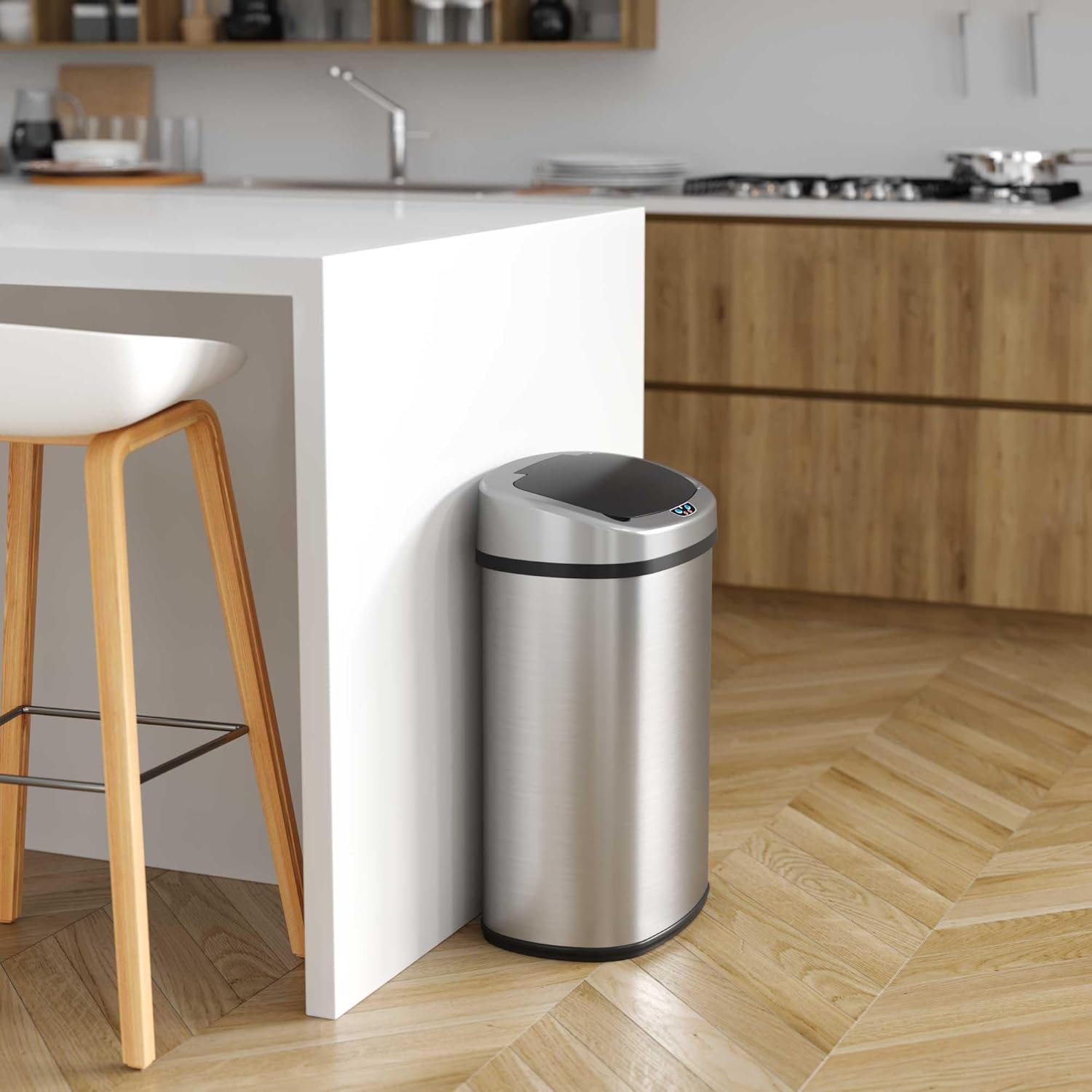 SensorCan 50 Liter / 13 Gallon Kitchen Trash Can with AC Adapter & Odor Filter Kit – Motion Sensor Stainless Steel Garbage Bin for Home, Office, Garage – Slim Oval Shape, Large Capacity Design