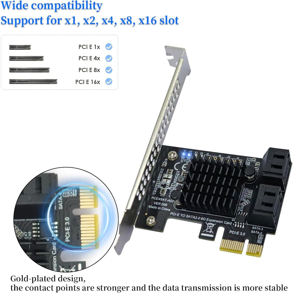 4-Port PCIe SATA III 6Gbps Expansion Card, PCIe x1 to 4 Port SATA 3.0 Controller Card - ASM1064 Chip, with Low Profile Bracket for Windows Linux Mac