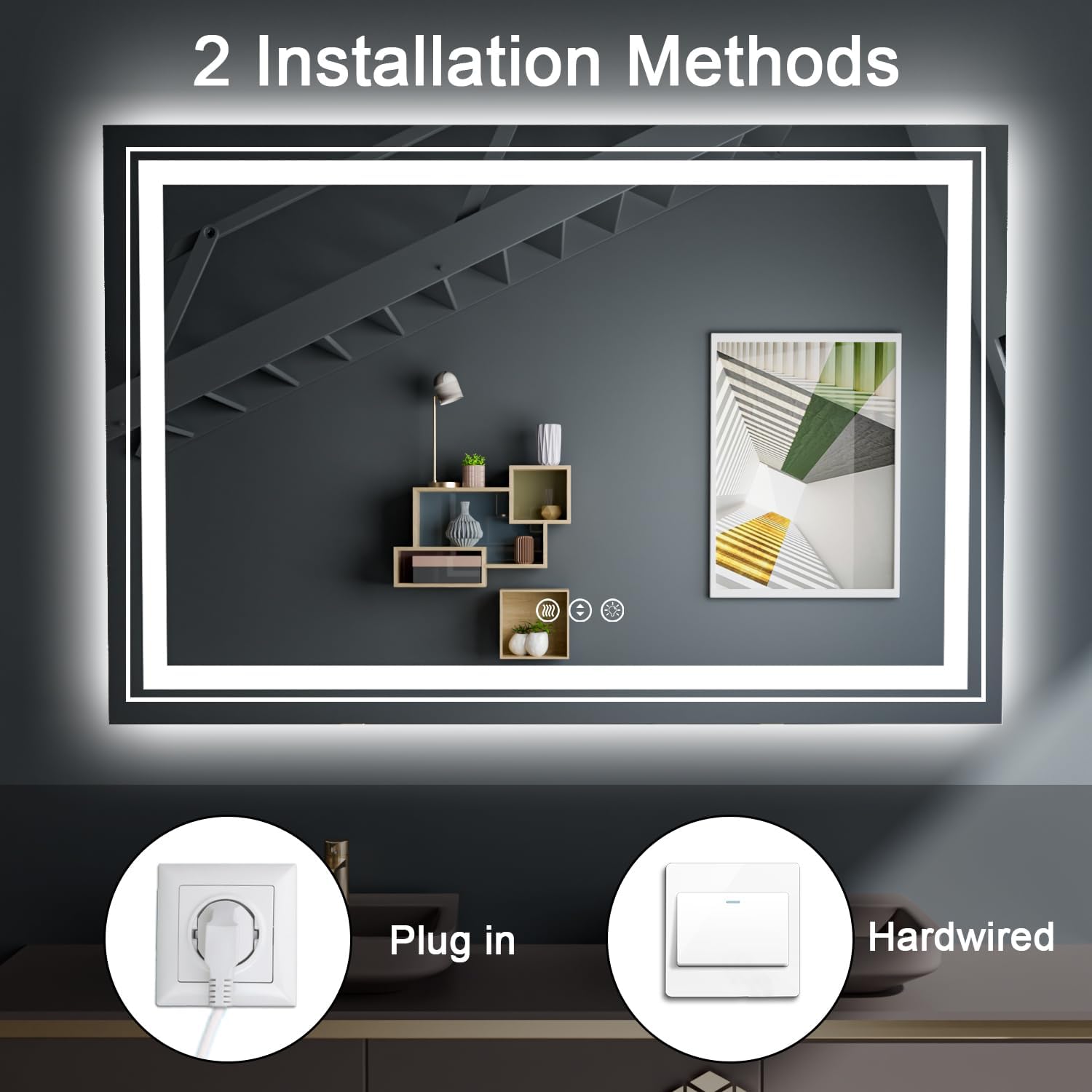 27x19 LED Bathroom Mirror with Front and Backlight, Dimmable Lighted Bathroom Vanity Mirror with Anti-Fog, Memory Function,Tempered Glass(Horizontal/Vertical)