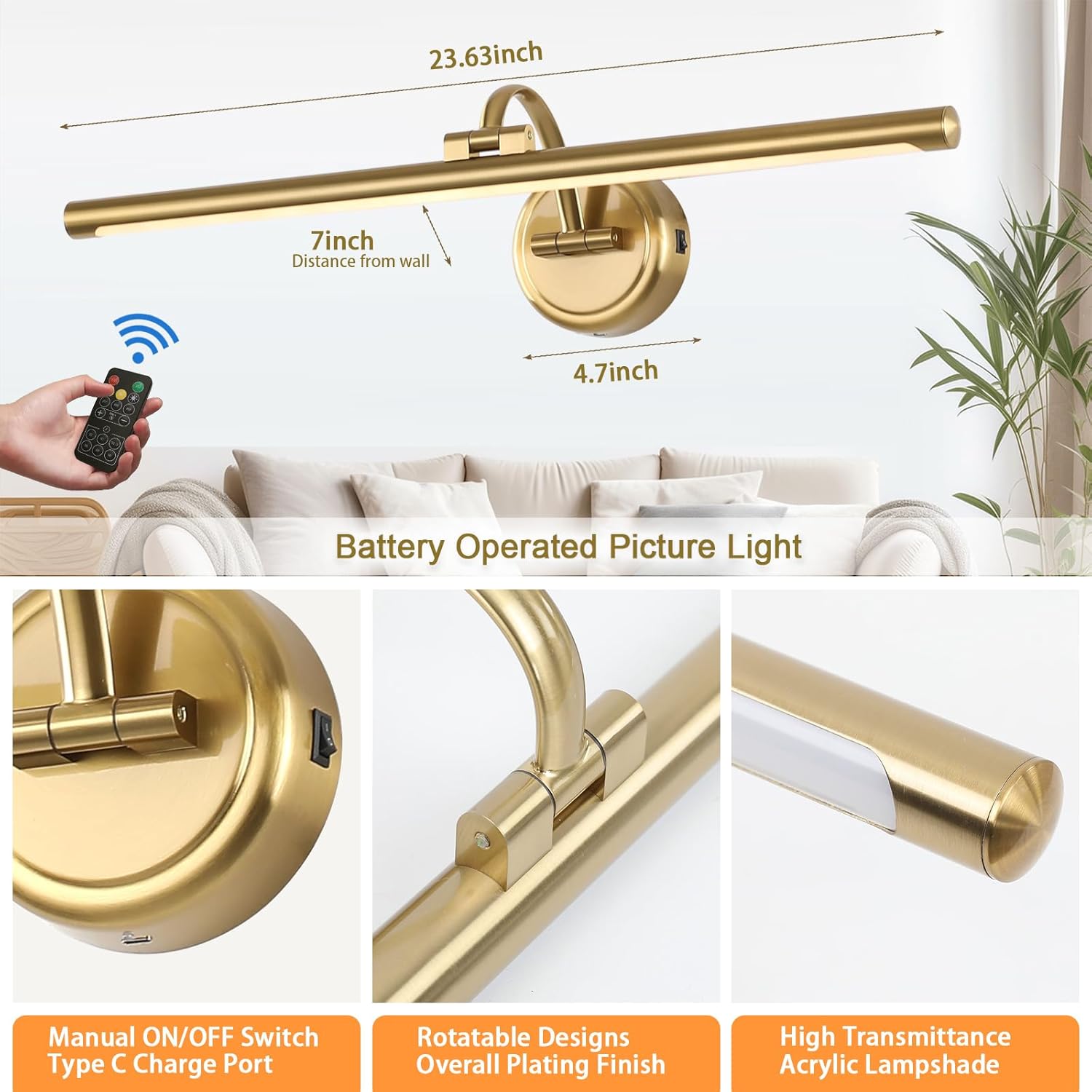 Picture Light for Wall, Dimmable Battery Operated Art Light, Picture Frame Light with Remote & Timer, Cordless Wall Sconce with 3 Colors Temperature for Pantings, Photo Gallery(Brass, 23.6inch)