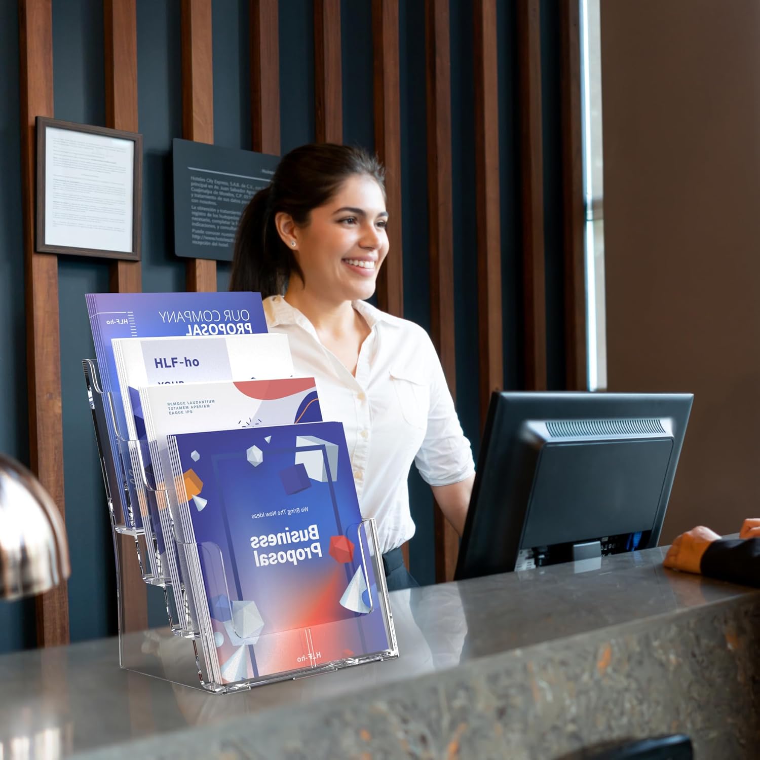 Brochure Holder 8.5x11 Inch 4 Tier with Removable Divider for 4x9 inch Clear Acrylic Pamphlet Display Stand Holder Countertop Use or Wall Mount for Office, Lobby, Hotel, Trade Show, 2 Pack
