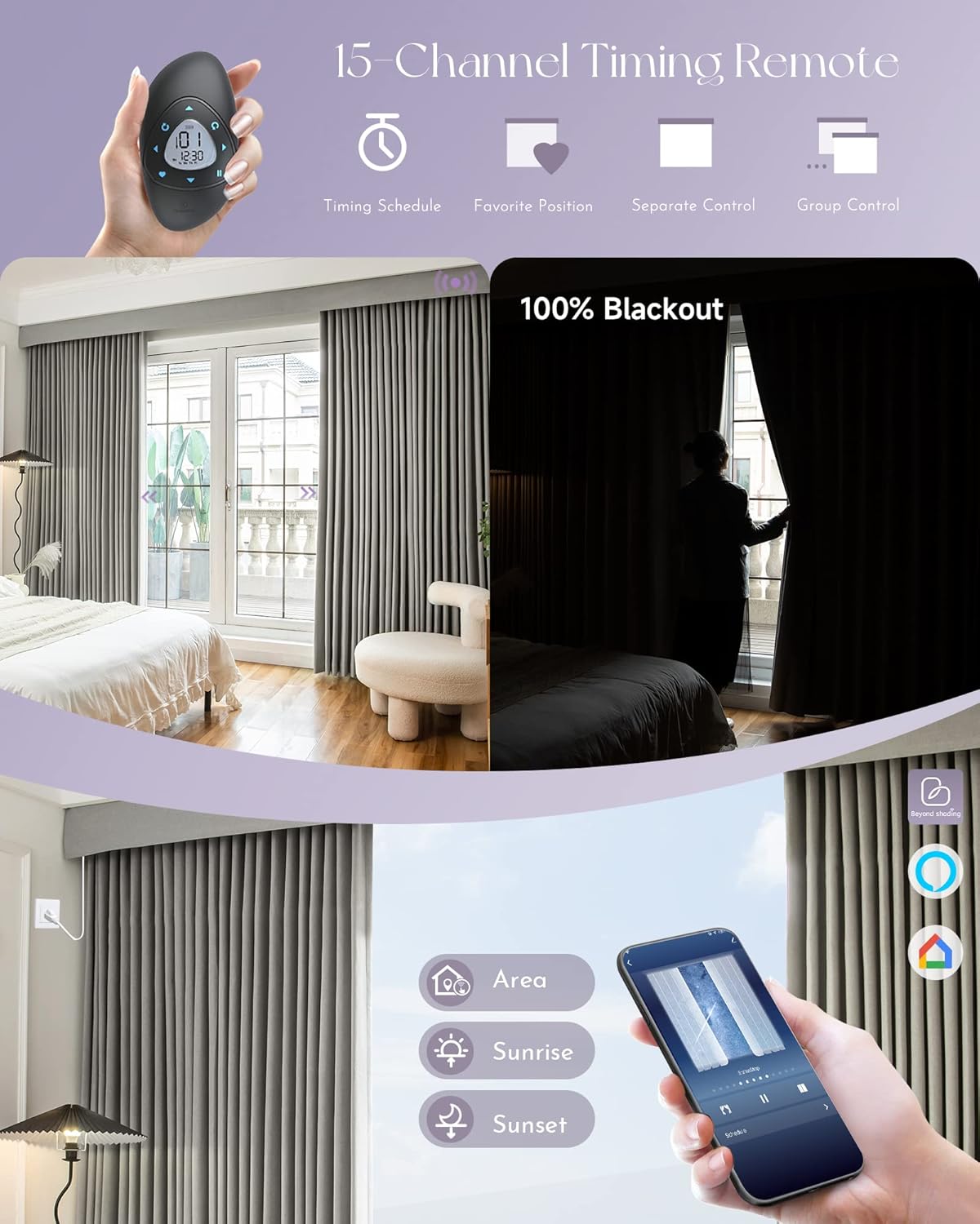 Graywind Hardwired Smart Curtains Motorized Blackout Curtain with Remote Alexa Google Control for Sliding Door Thermal Insulated Drape One-Way or Split Draw, Custom Width to 220" (Vintage Grey)