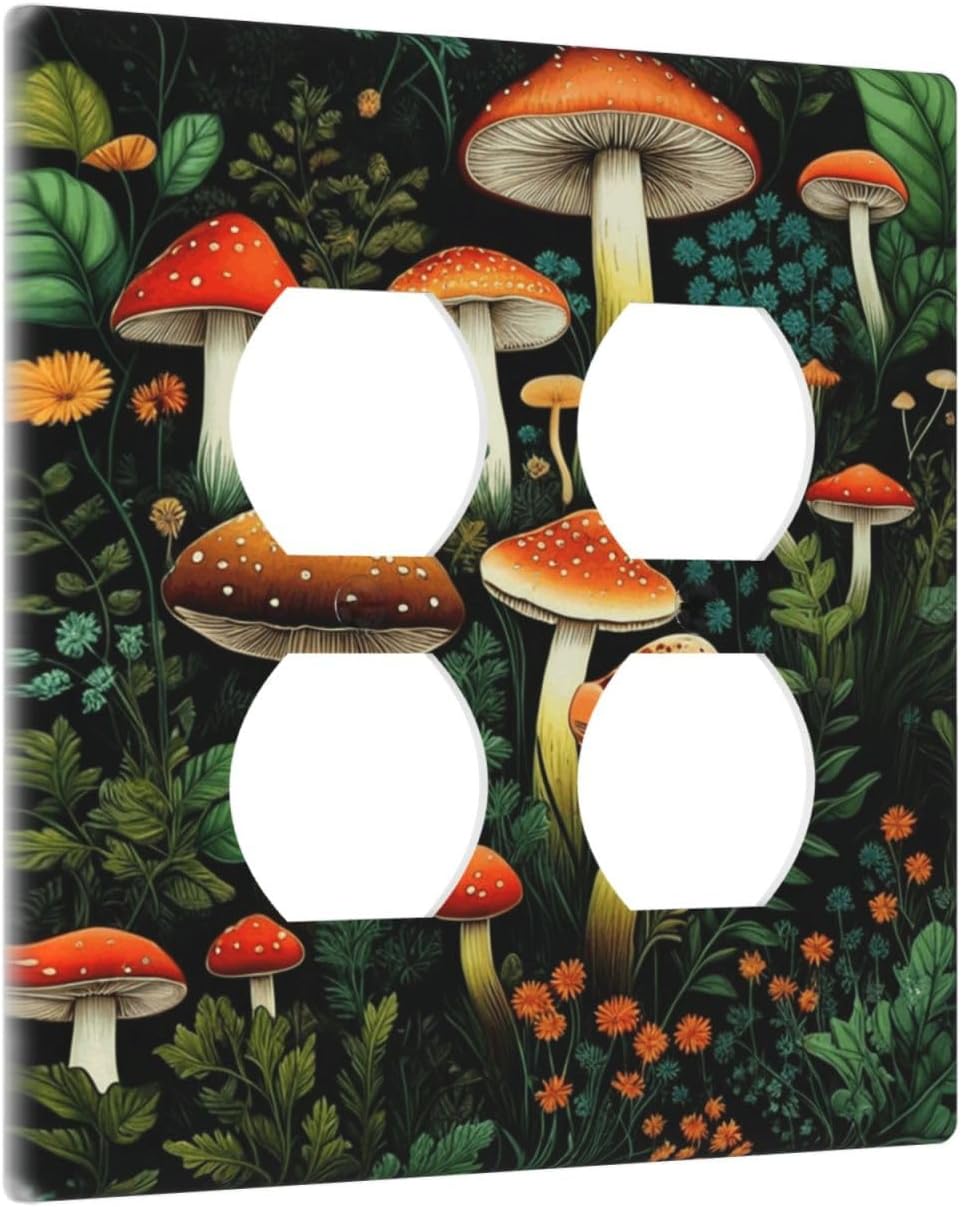 Decorative Outlet Covers Red Mushroom Flowers Green Leaf Plants 2 Gang Wall Plate Double Duplex Light Switch Cover Switch Plate Covers Faceplate for Bedroom Home Decor
