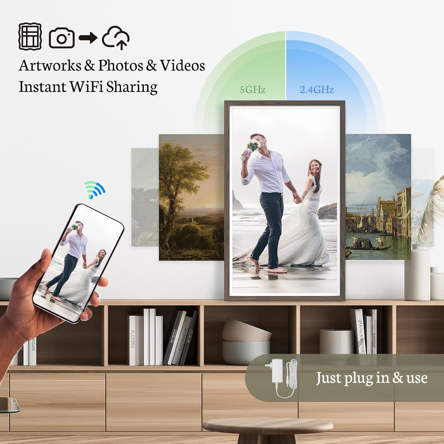 BSIMB Large Digital Picture Frame 32 Inch, 64GB 1920x1080 FHD WiFi Digital Photo Frame Electronic, Wall Mount Included, Share Pictures/Videos via App Easy Setup Gifts for Mom(Non-Touch), Dark Wood