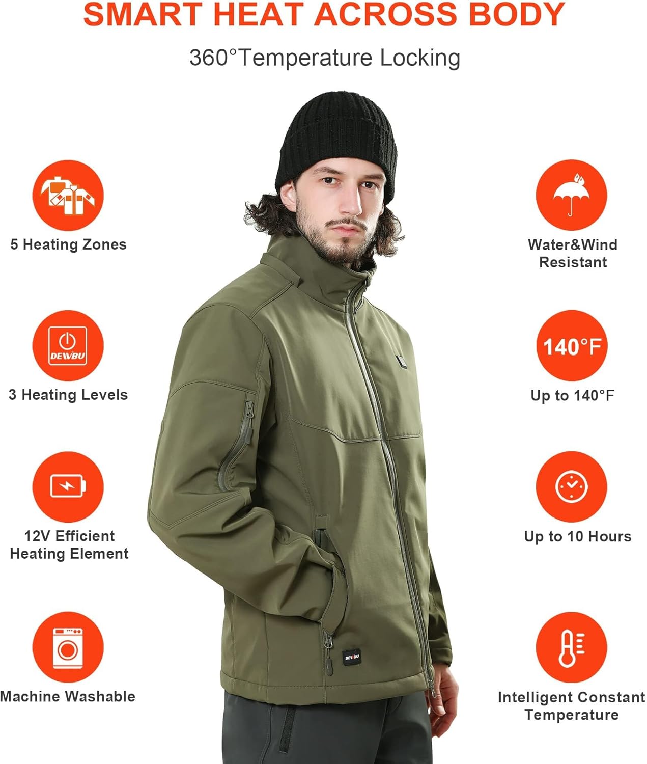 DEWBU Soft Shell Heated Jacket for Men with 12V Battery Pack and Detachable Hood Outdoor Electric Heating Coat
