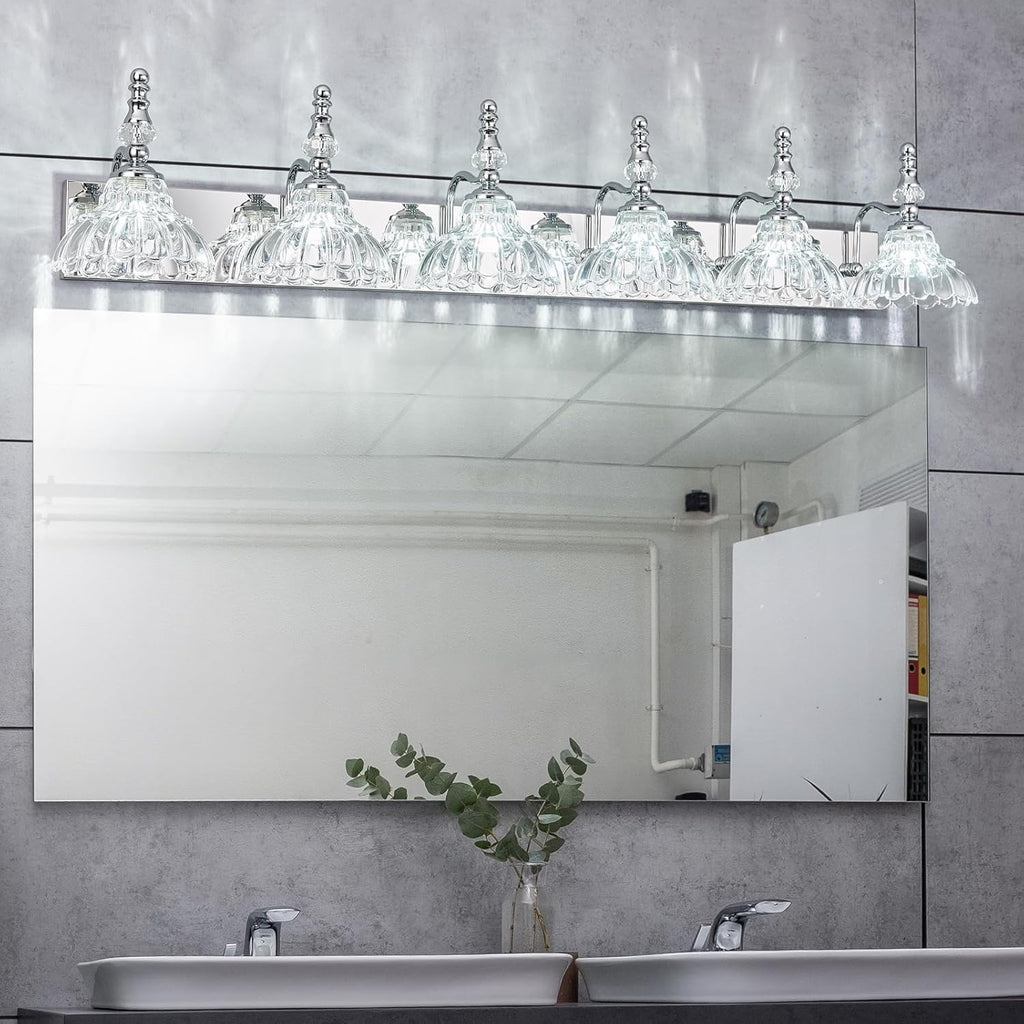Vintage Bathroom Vanity Light, 6-Light Chrome Vanity Lighting Fixture with Flower Glass Shade, Bathroom Lighting Fixtures Over Mirror