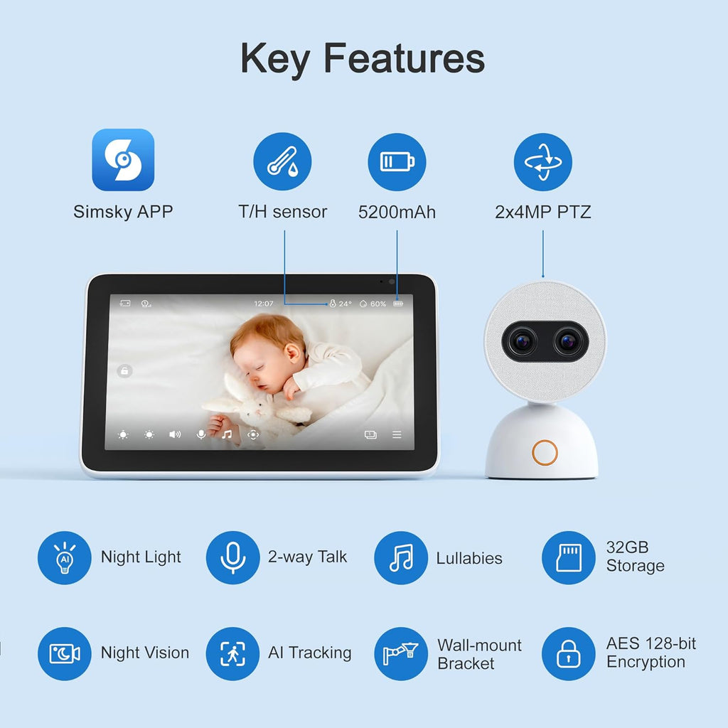 Simsky Split Screen Video Baby Monitor with Cameras, Dual 4MP Cameras with 6X Zoom, 7" UHD Touch Screen Portable Audio Baby Monitor 32GB Local Storage