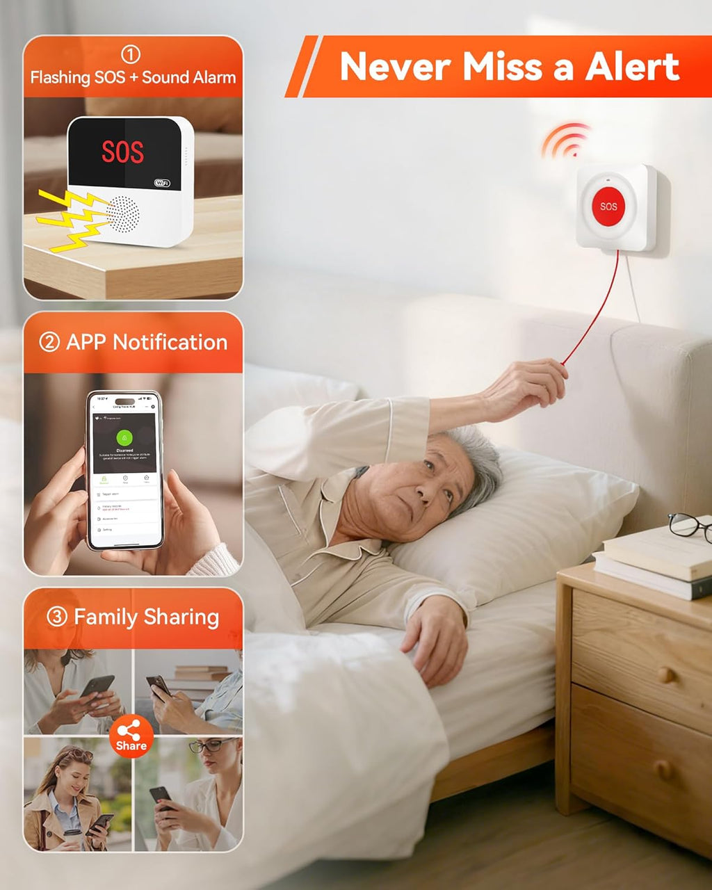 WiFi Caregiver Wireless Call Button System - 2 Lanyard + 1 Pull Cord Emergency Button, No Monthly Fee APP Alert, Custom Names/Tones, Elderly Safety for Mobile, Bathroom & Bedside Care