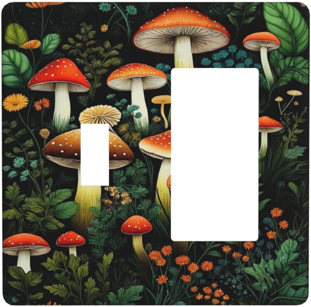 Decorative Outlet Covers Boho Red Mushroom Green Leaf Plants Floral 2 Gang 1 Gang Wall Plate Cover Single Toggle Rocker Combo Light Switch Plate Covers Jumbo Switch Cover Plate