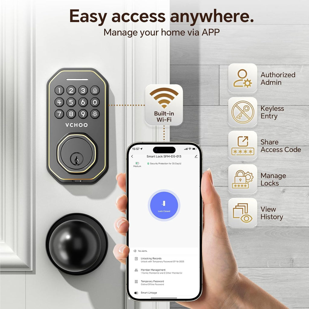 Keyless Entry Door Lock with 2 Knobs App Control Smart Locks for Front Door WiFi Door Lock Set Automatic Lock One Time Password Anti Peeping Password IP54, Bronze