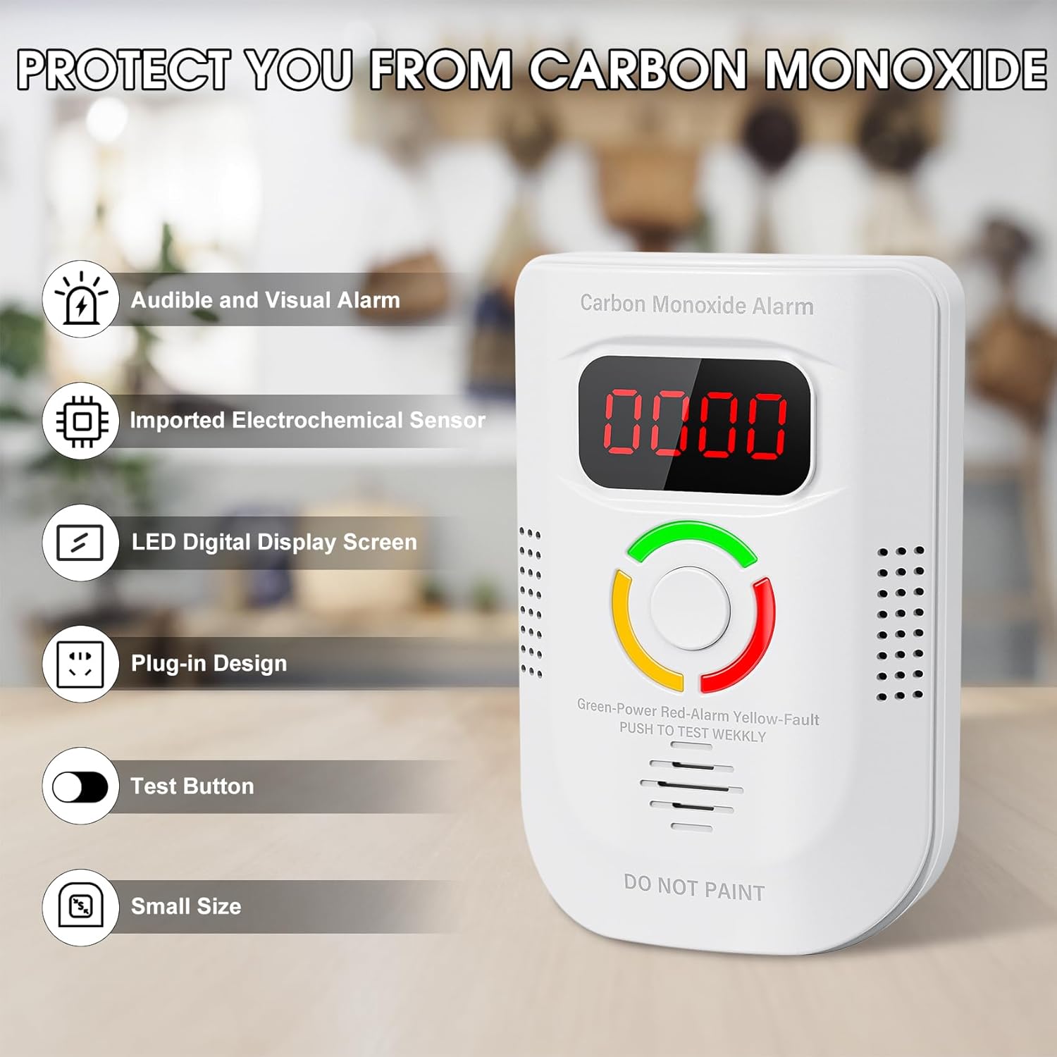 Carbon Monoxide Detectors Plug in, Portable CO Detector with LED Digital Display, Carbon Monoxide Alarm with Audible and Visual Alarm & Test Mute Button, CO Alarms Monitor for Home/Kitchen/Hotel