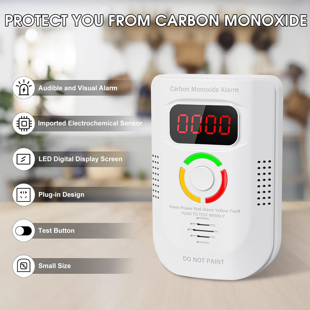2 Pack Carbon Monoxide Detector, Plug-in Wall Carbon Monoxide Gas Detector, Portable Carbon Monoxide Detector with Digital Display LED, CO Alarm Monitor with Audible and Visual Alarm Test Mute Button